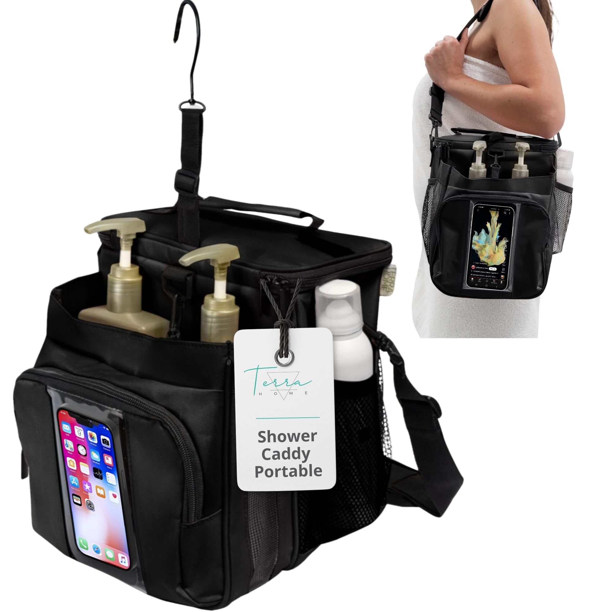 TERRA HOME Portable XL Shower Caddy Bag - College Dorm Room Essentials for Men, Women, Students - Foldable, Water Resistant with Hanging Keychain Hook and Shoulder Strap Shower Organizer Bag (Black)