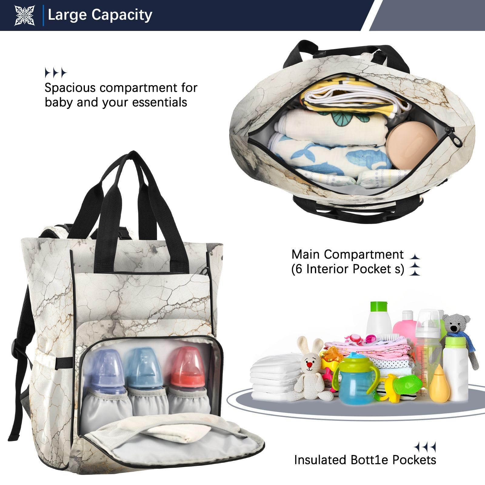 Marmo Bianco Texture Morbida Borsa per Pannolini Zaino Grande Capacità Borsa Mamma per Viaggia All'aperto
