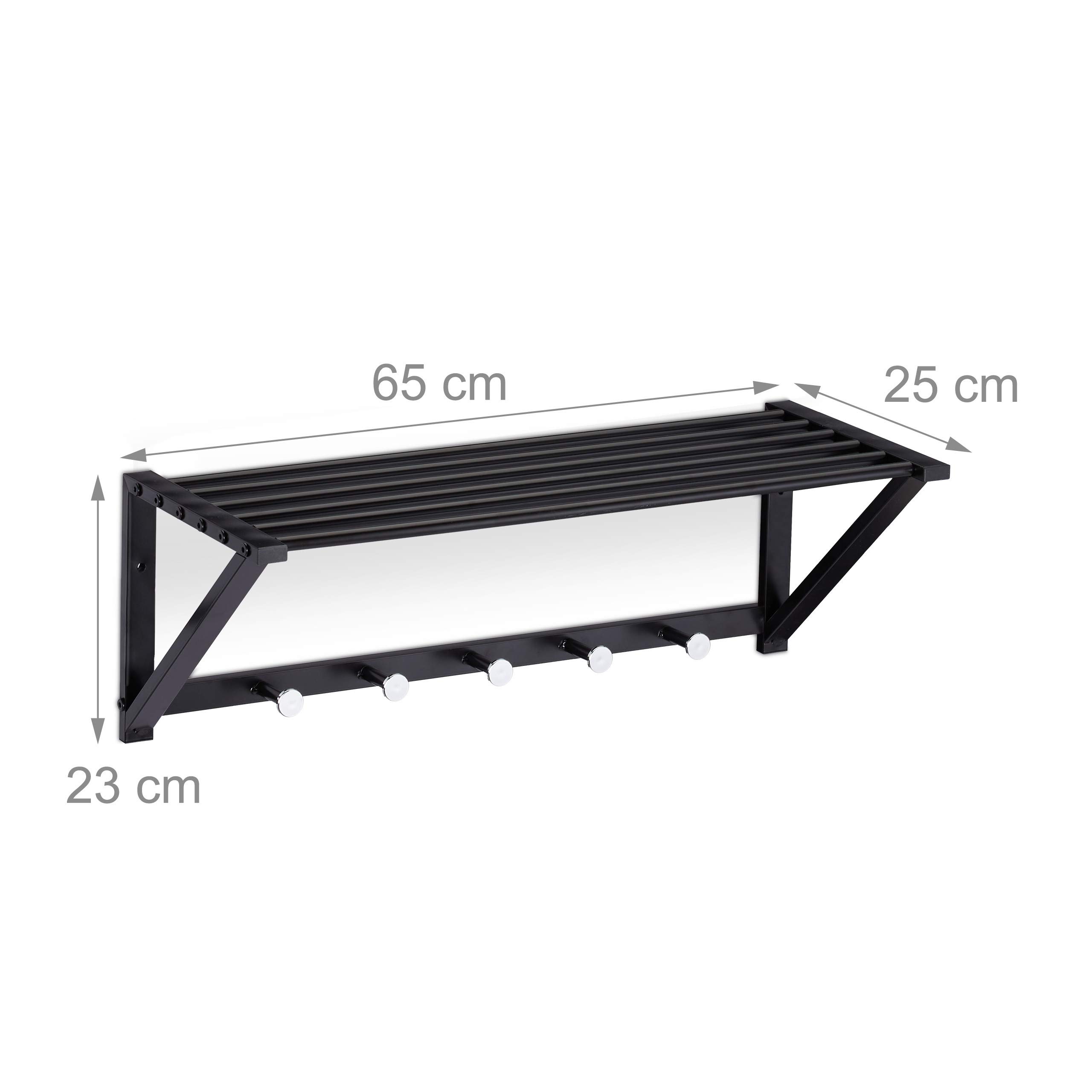 Relaxdays Perchero de Pared con Estante, Toallero con 5 Ganchos, Baño, Recibidor, Pasillo, Metal, 23 x 65 x 25 cm, Negro
