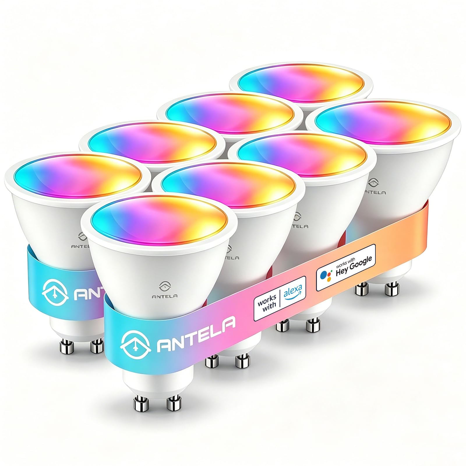 ANTELA Bombillas LED WiFi GU10 5 W, regulable, control App con Alexa/Google Home, RGB&2700K-6500K blanco frío cálido, 8 unidades | Regulable, control App con Alexa/Google Home, RGB&2700K-6500K blanco frío cálido, 8PCS, 2.4Ghz wifi