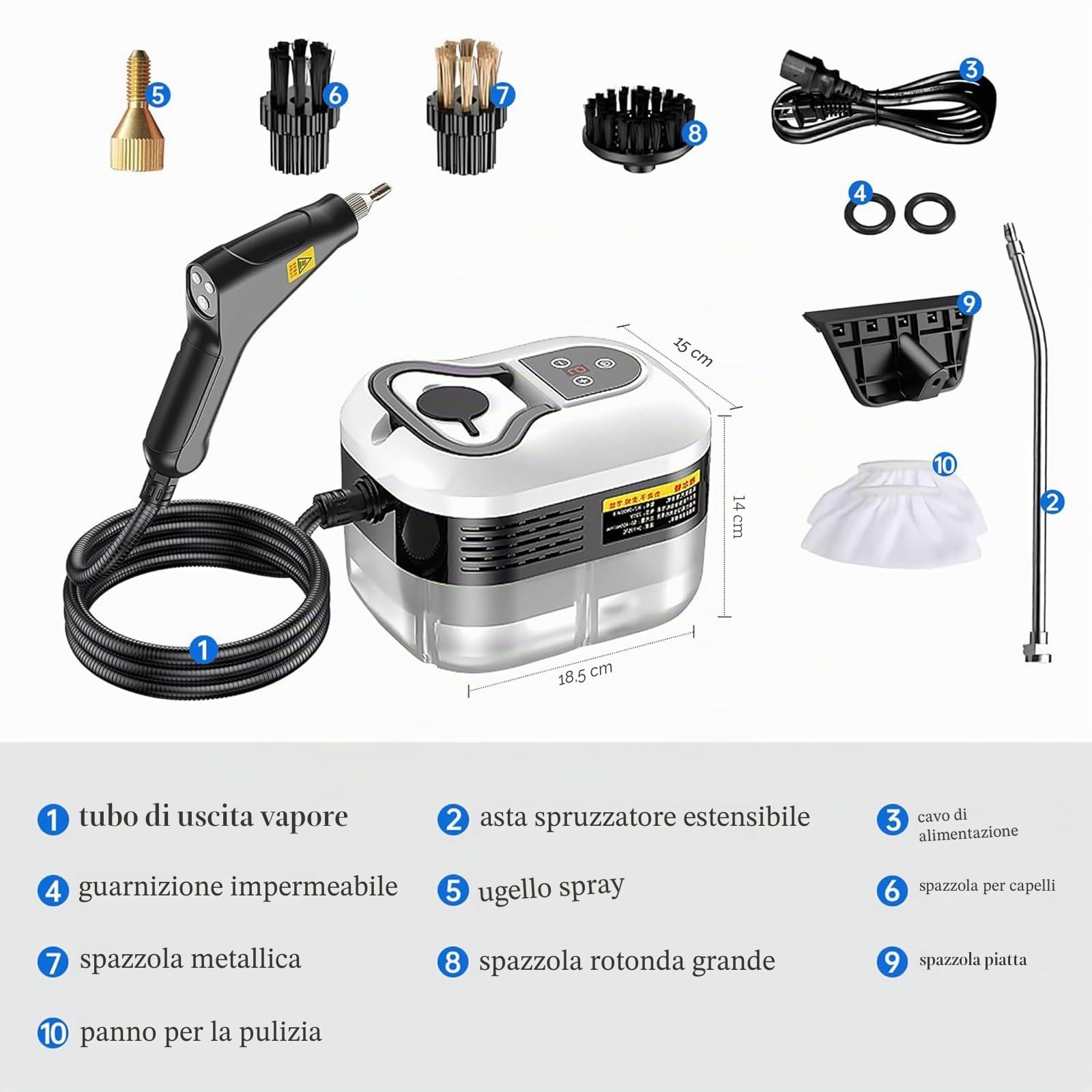 Potente pulitore a vapore portatile da 2500 W, riscaldamento rapido in 15 secondi e vapore ad alta pressione, 6 livelli regolabili per una pulizia profonda su pavimenti, cucina, bagno, auto, fughe