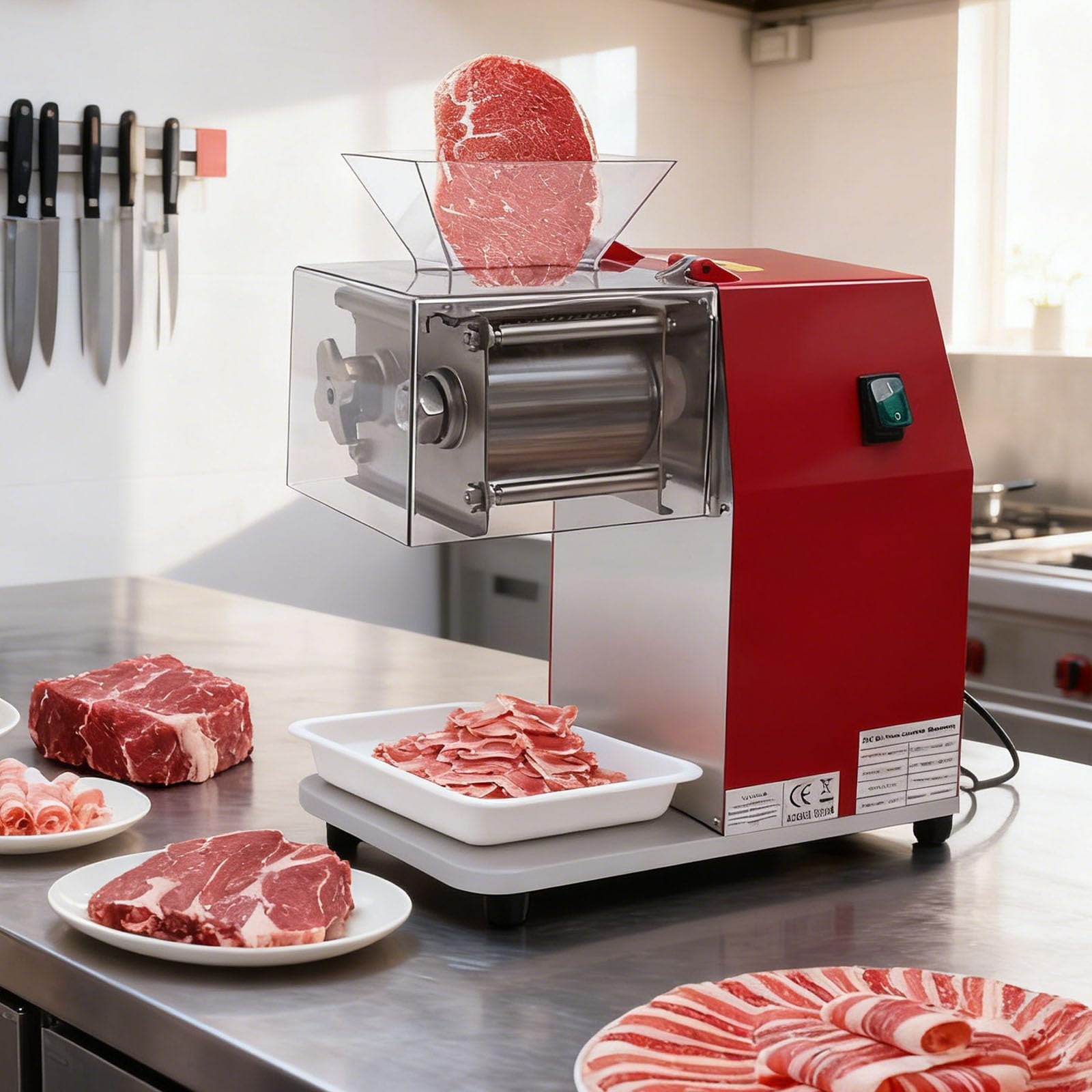 Generico Affettatrice elettrica da 1100 W, in Acciaio Inossidabile, con Funzionamento Verticale, Lama da 3,5 mm, per Tagliare Carne di Maiale, Pollo e Manzo freschi e Disossati.
