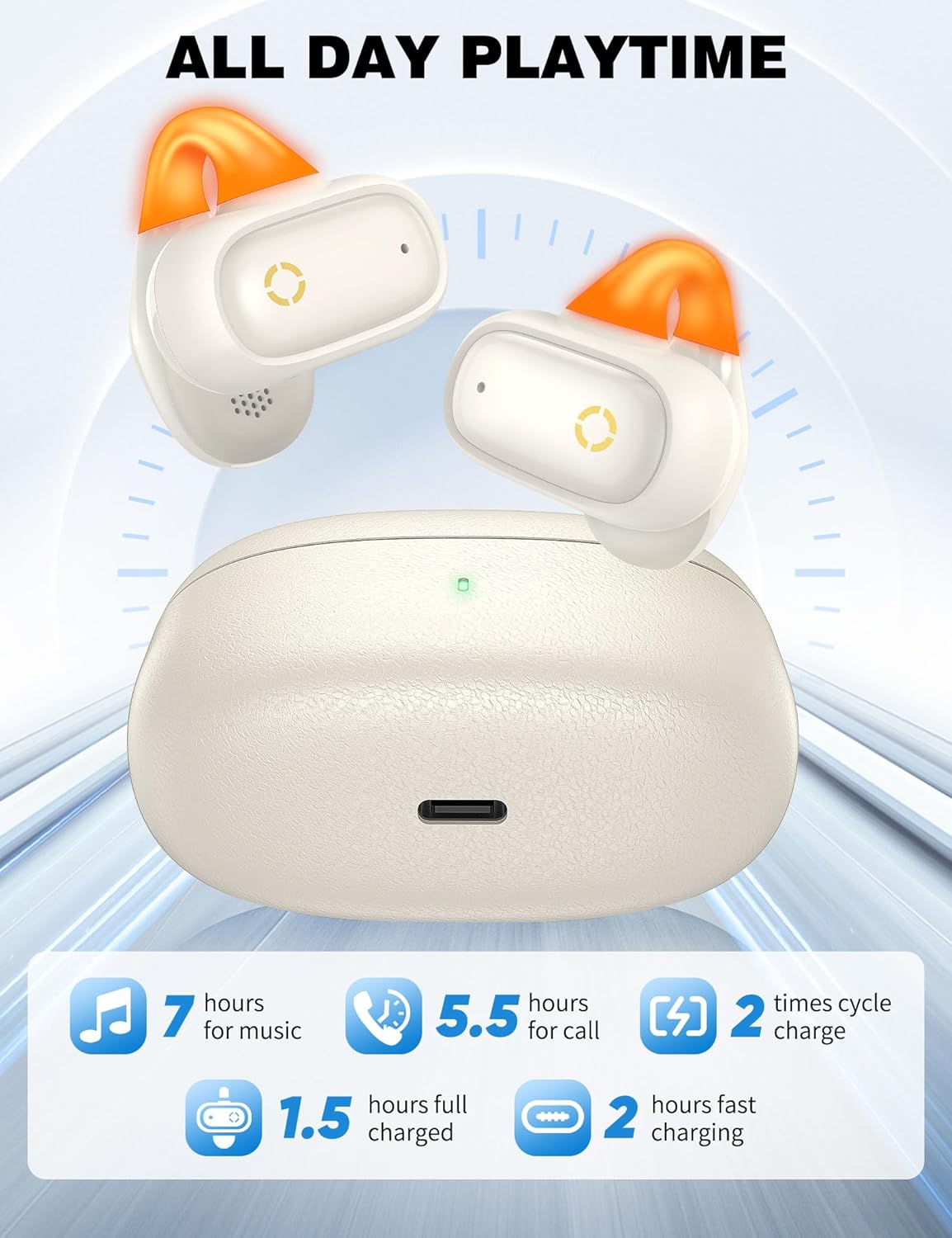 ACAGET Clip-on Open Ear Wireless Earbuds + in-Ear Wireless Headphones, Over Ear Bluetooth Earphones with Night Run LED-Light, Bluetooth 5.3 Headset Secure Fit for Small Ear, Hif Stereo Sound, White