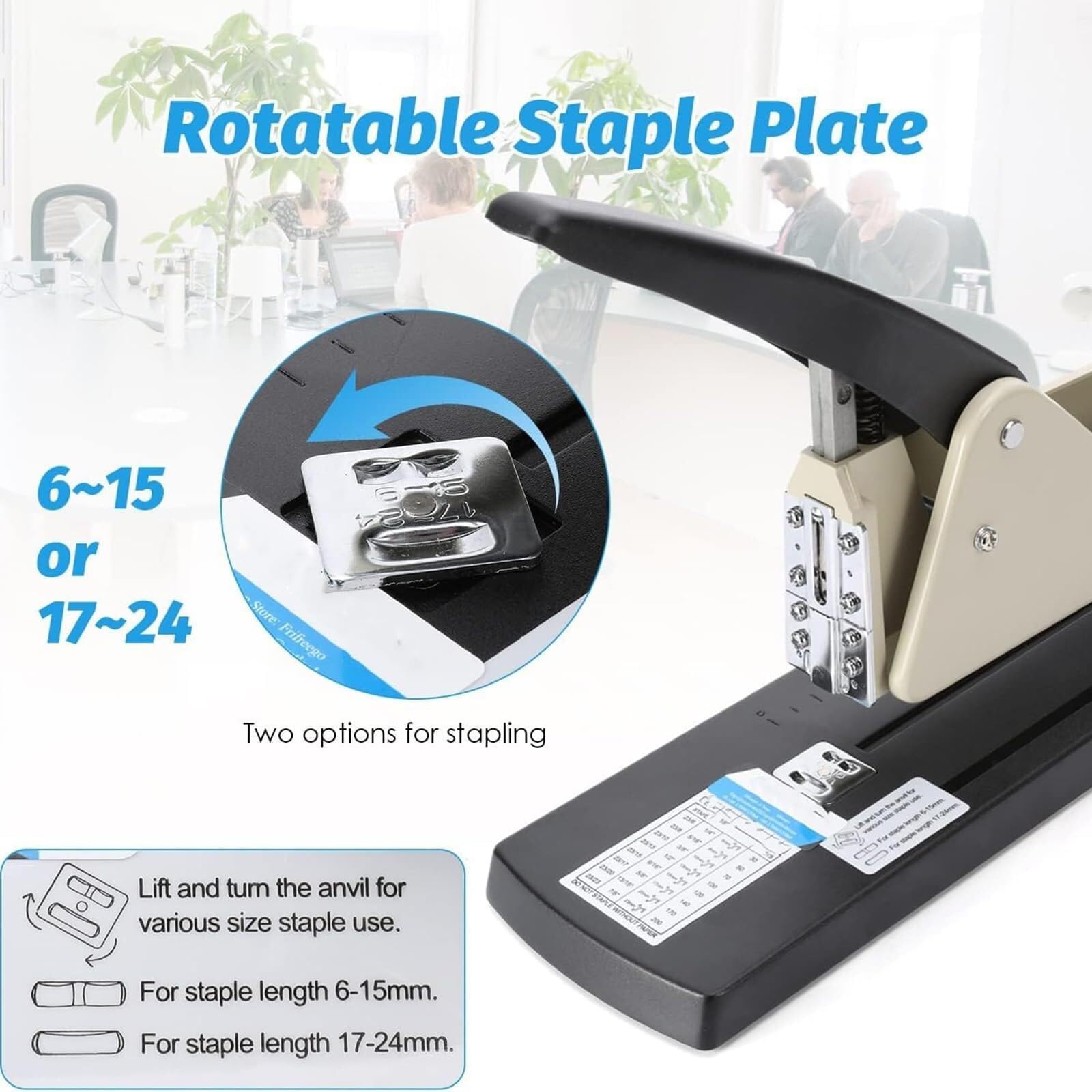 Grapadora resistente de largo alcance para documentos de oficina, profundidad ajustable y placa giratoria, ideal para encuadernar folletos y tareas de grapado rápido