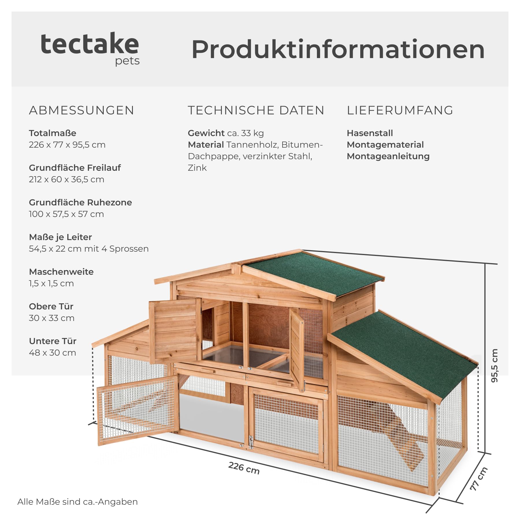 tectake® XXL Kleintiergehege, Freilaufgehege mit Haus, Hasenstall mit Laufgitter, Meerschweinchen Gehege, Mäusekäfig, Kaninchenhaus 2 Etagen, Nagerhaus mit 2 Rampen, 226 x 77 x 95,5 cm