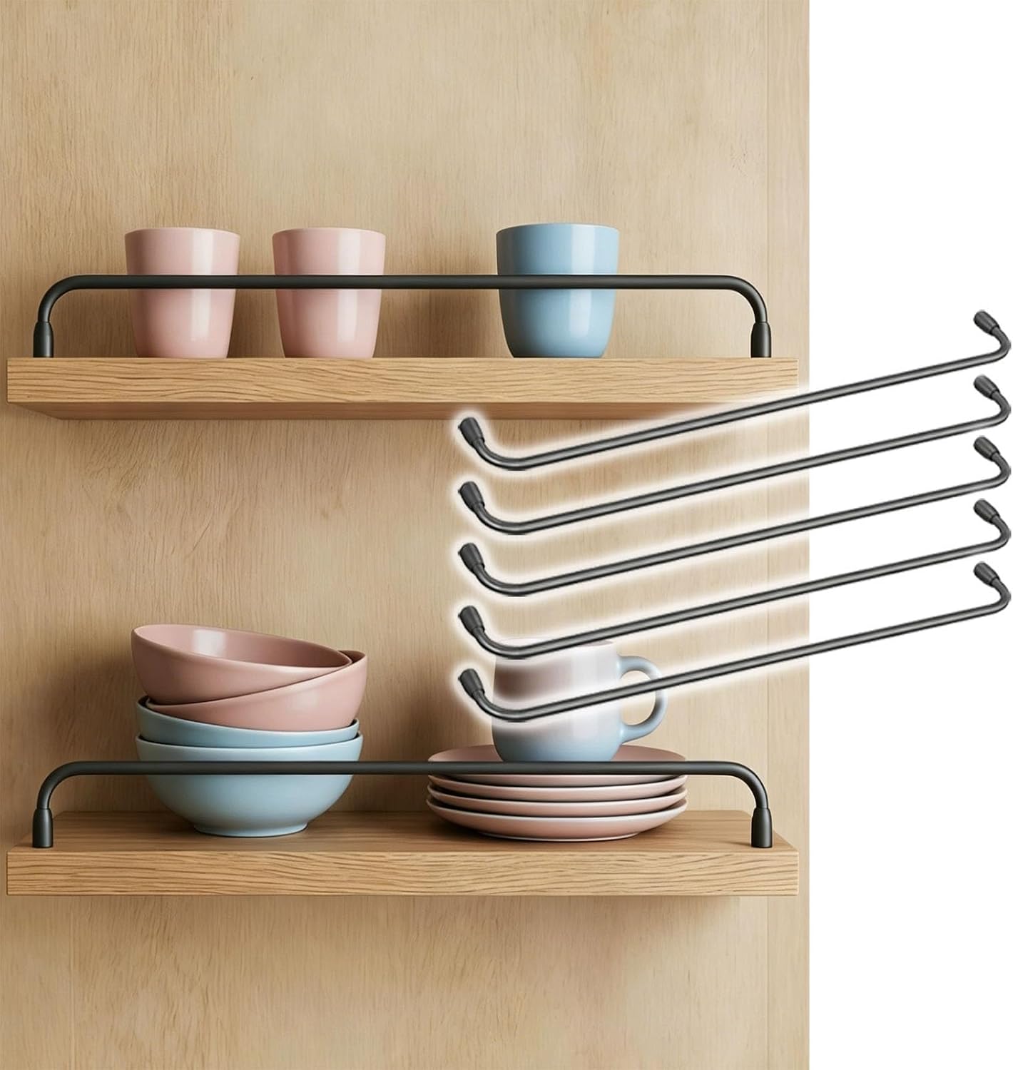 Gray Anti-Tipping Cabinet Safety Bar, 10in Kitchen Shelving Support Tube with Gallery Rail, 5-Pack for Wood Shelves, Secure Storage Solution for Home Organization