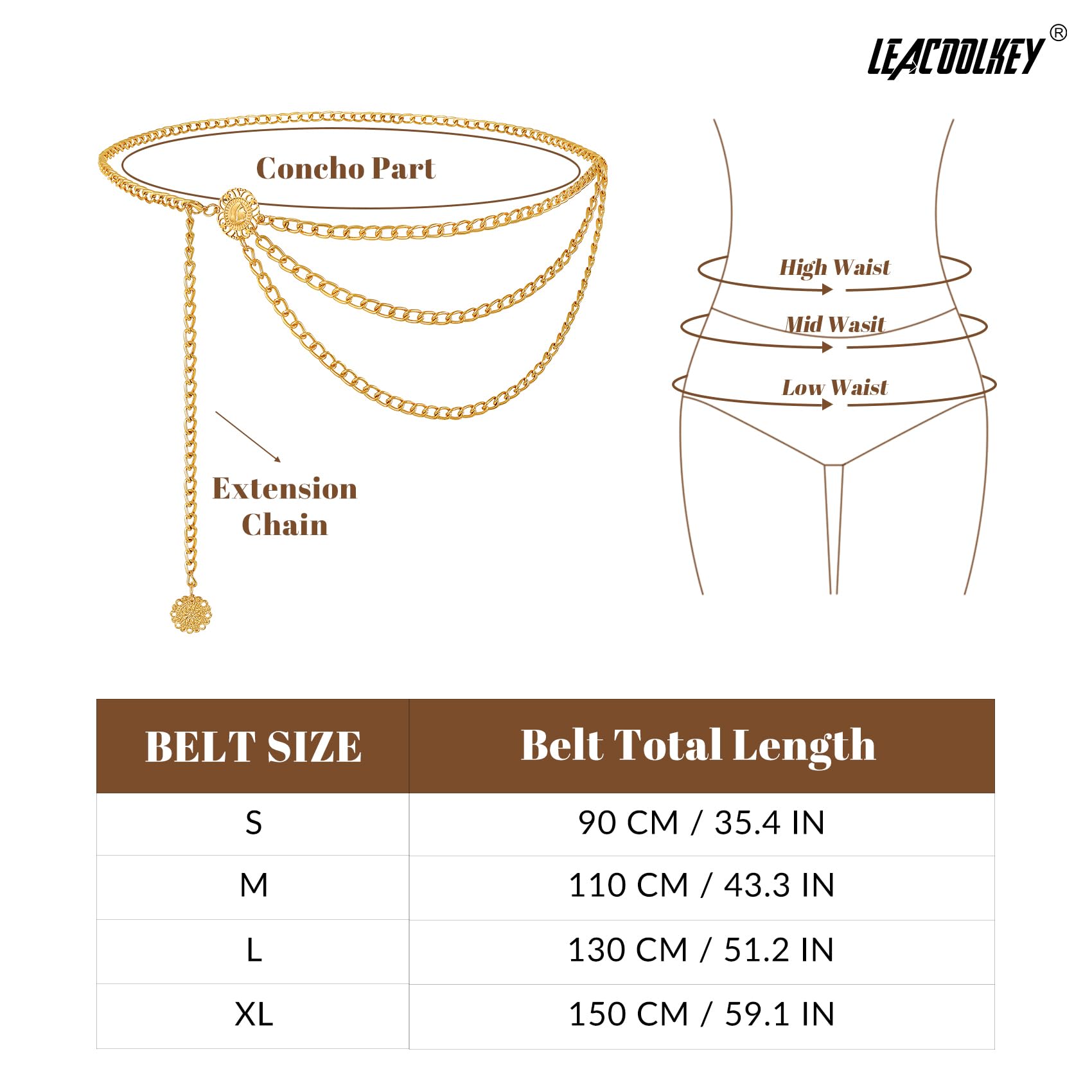 LEACOOLKEY Damen Gürtel Kettengürtel Metall Taillenkette Mehrschichtiger Taillengürtel Gold Hüftkette für Kleider und Jeans