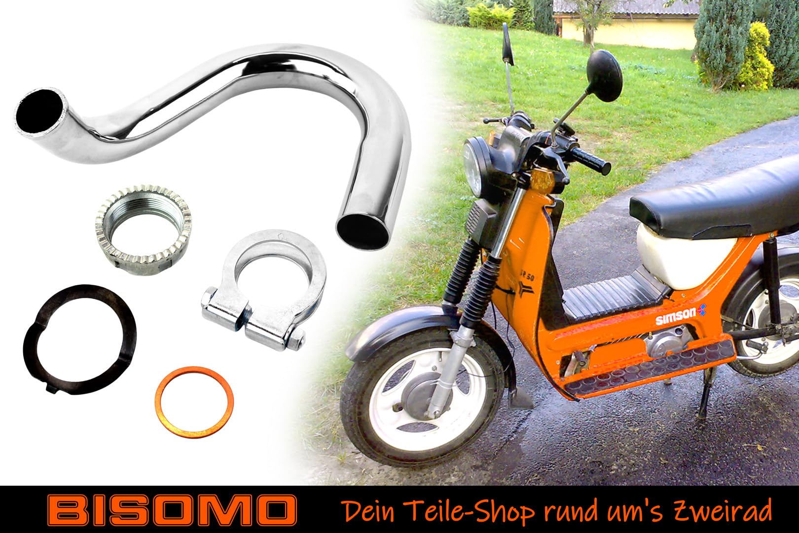 Krümmer + Krümmermutter-Set 32mm Tuning, für Simson SR50 SR80 Roller, verchromt, mit Klemmschelle, Krümmerdichtring, Sicherungsblech