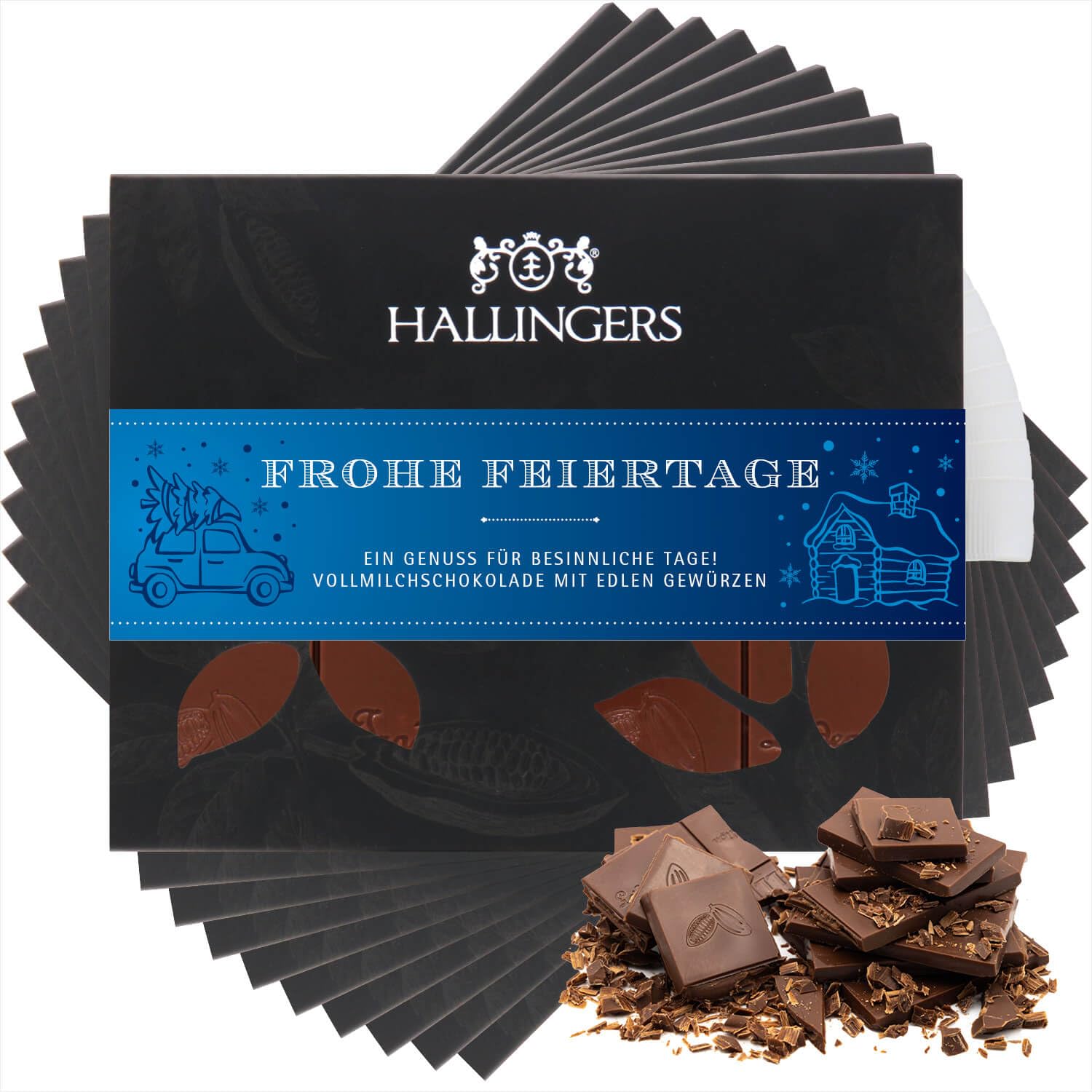 Hallingers Genuss Manufaktur Schokolade Weihnachts-Geschenk - Tafel Edelkakao handgeschöpft ohne Alkohol edler Karton 10x "Frohe Feiertage" Xmas-Gewürze, Weihnachten für Frauen Männer