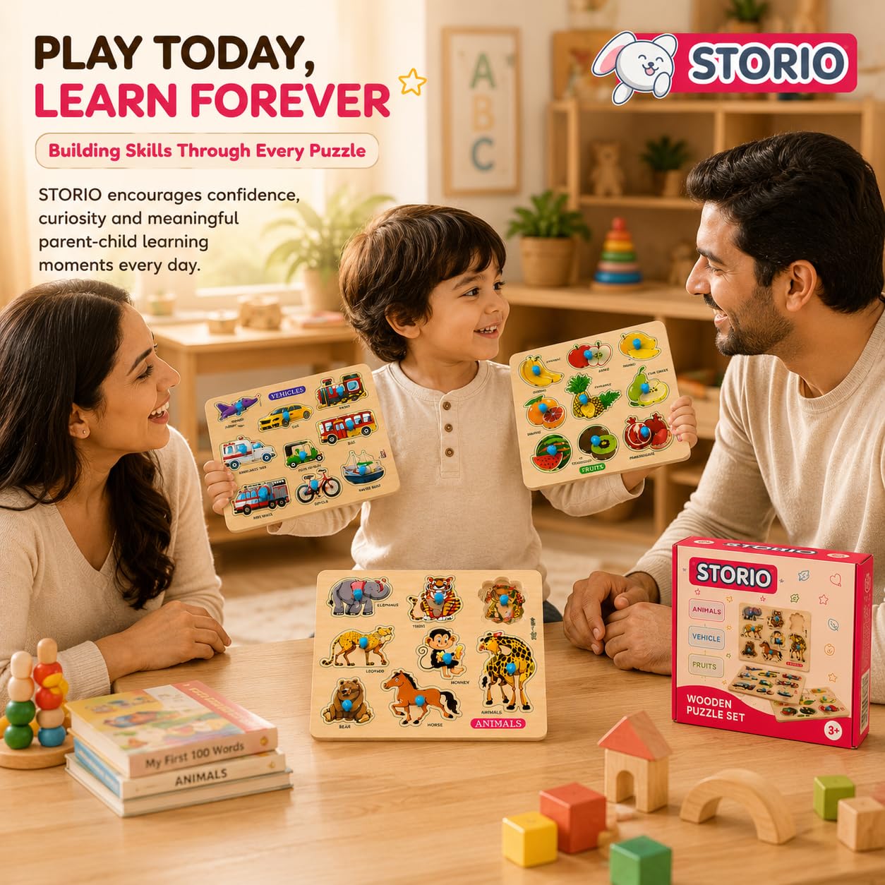 Storio Wooden Puzzle Combo Set for Kids, Vehicle Fruit & Animal Knob Puzzles, Montessori Educational Learning Toy, Fine Motor Skill Wooden Board for Toddlers Boys Girls Age 2+ Years — Amazon image 5
