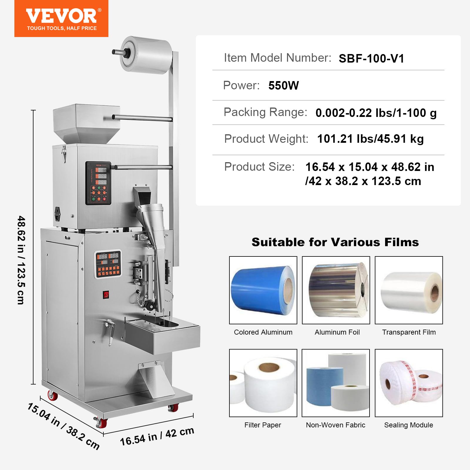 VEVOR Confezionatrice Automatica per Particelle, 1-100 g, Bustina Multifunzione per Riempire Ponderazione Bustine di Polvere, Riempitrice per Polvere per Semi di Tè Grani Farina Chicchi