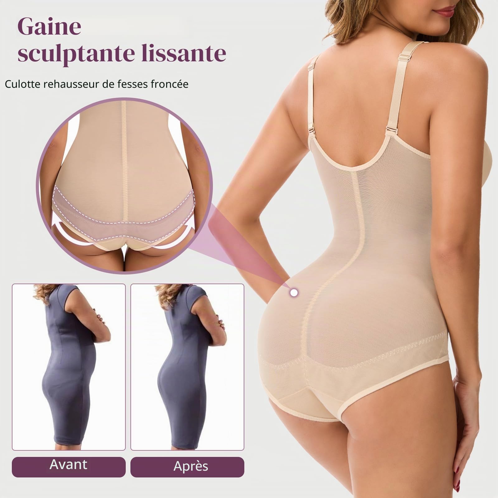 SHAPERIN Body Sculptant Femme Gainant Amincissante Ventre Plat Body Dos Nu Col en V Tank Top Bodysuit