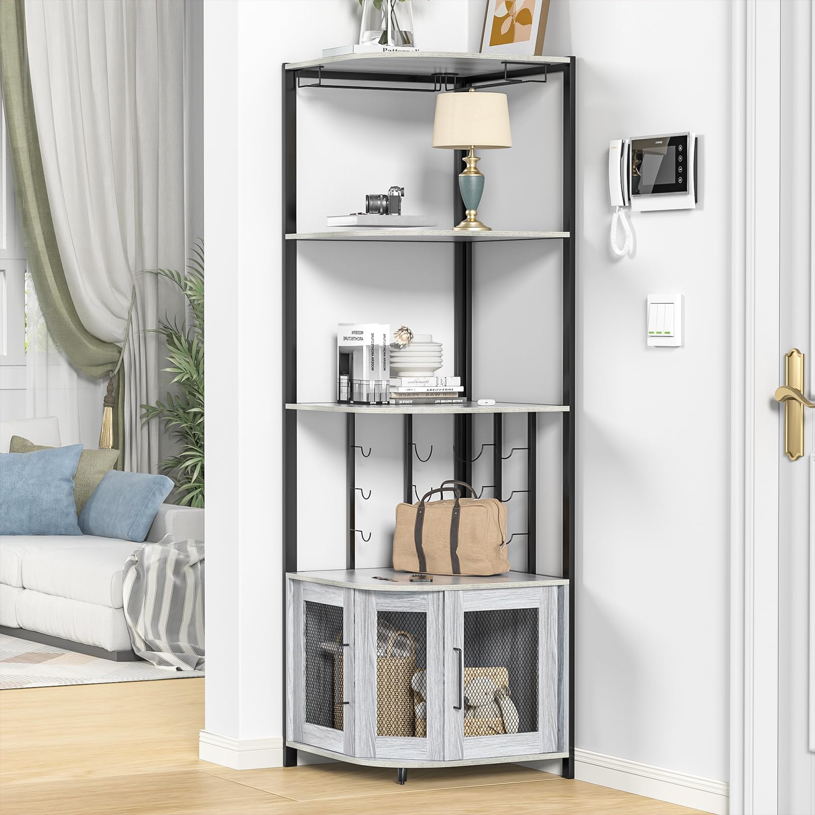 Weinschrank Eckschrank Industrial, Barschrank mit Glashalter, 4-Stöckiger Spirituosenschrank mit Metallgittertüren, Küche Hausbar Buffet-Weinregal, Küchenschrank für die Hausbar oder Kaffeebar