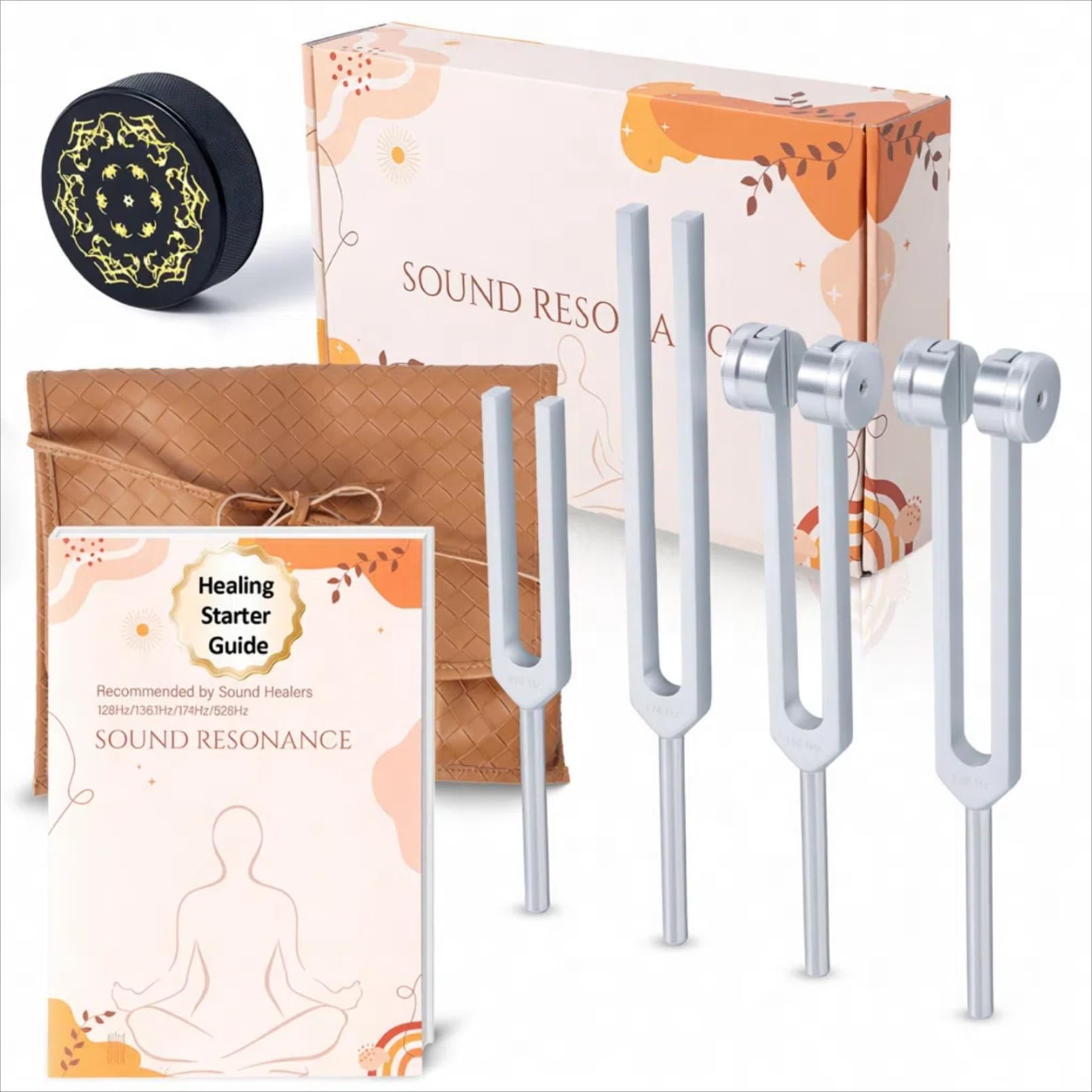 Stimmgabeln für Heilung Set, einschließlich vier Frequenzen 128Hz, 136.1Hz, 174Hz, 528Hz Yoga und Meditation Zubehör, Chakra Klangtherapie Instrumente mit Stimmgabel Aktivator und veganem Leder Tasche | Gewichtet und ungewichtet, Yoga-/Meditations-/Chakra