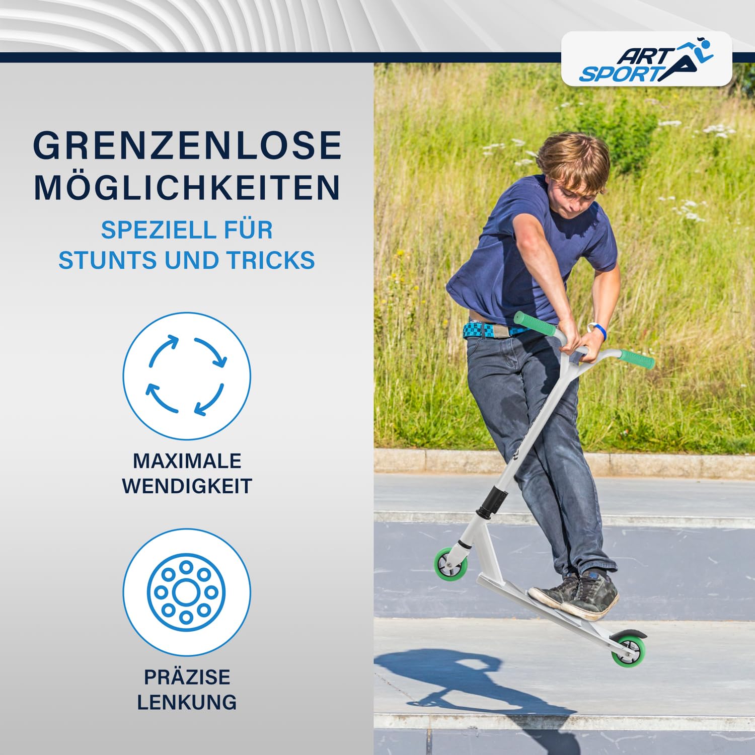 ArtSport Stunt Scooter mit 360° Lenkung, ABEC 9 Kugellager, 100 mm PU Räder & Griptape, Funscooter für Kinder, Stuntscooter Kickscooter Trick Roller