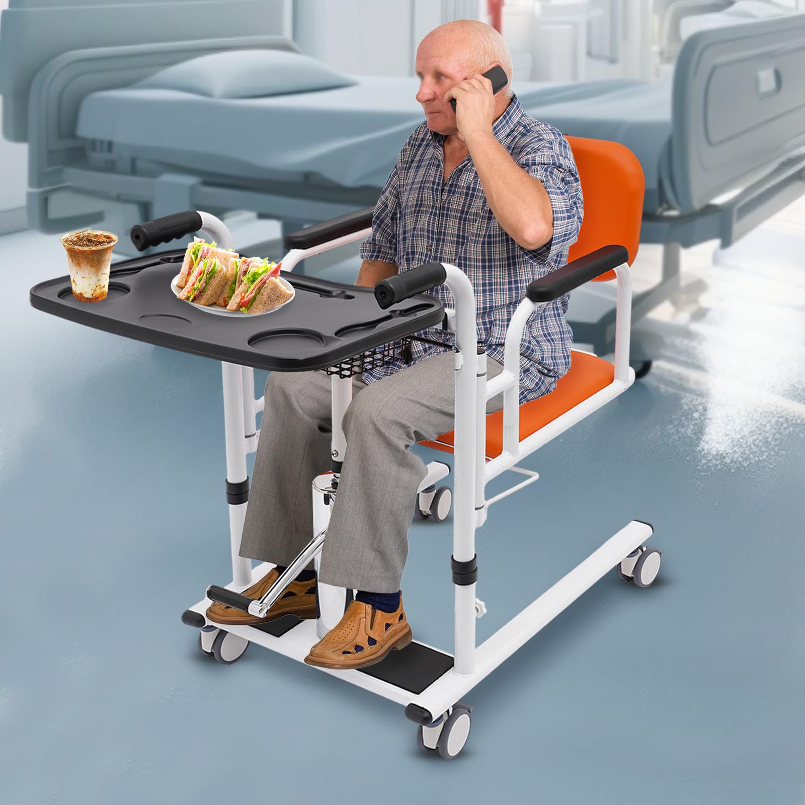 Elevador de pacientes hidráulico para el hogar Silla de ruedas portátil de transporte con capacidad de carga de 150 kg, ayuda de transferencia, silla de ruedas de transporte con alfombrillas