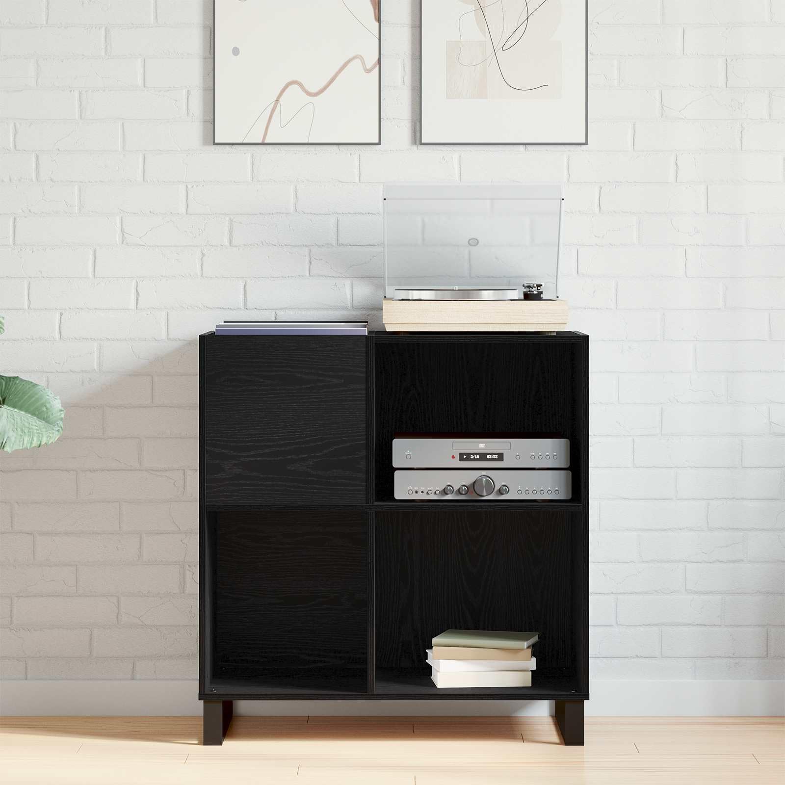Schallplattenschrank Schwarz Eichen-Optik 85 x 38 x 89 cm mit 4 Regalen, Stauraum für Medien, HiFi Rack, Sideboard, TV Lowboard, platzsparendes Möbel für Wohnzimmer, Heimkino, Gaming