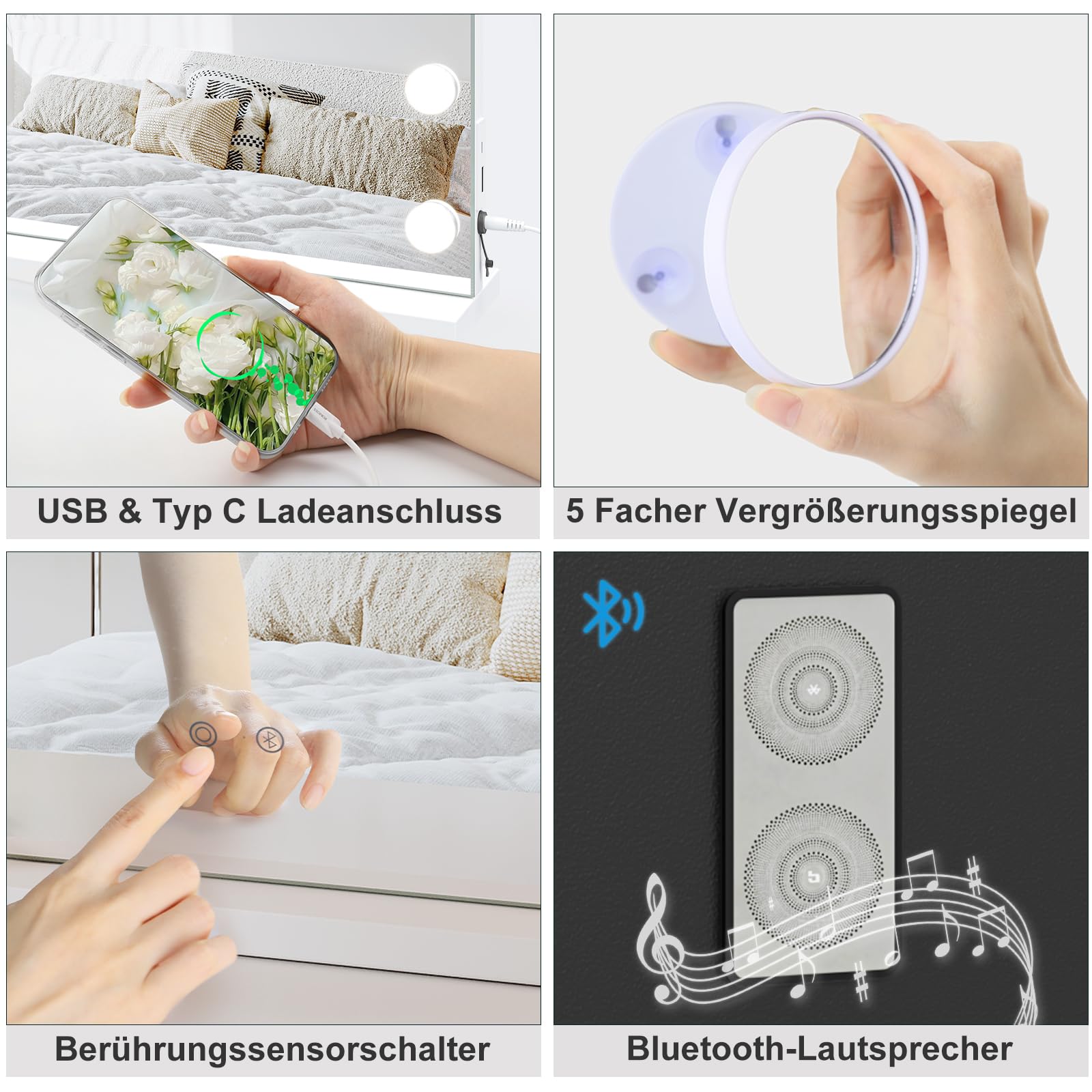 Dripex Bluetooth Hollywood Schminkspiegel mit 20 LED Lampen, 3 Farbtemperatur Licht, USB Ladeanschluss 60L x 90B cm, Aufstellung oder Wandmontage