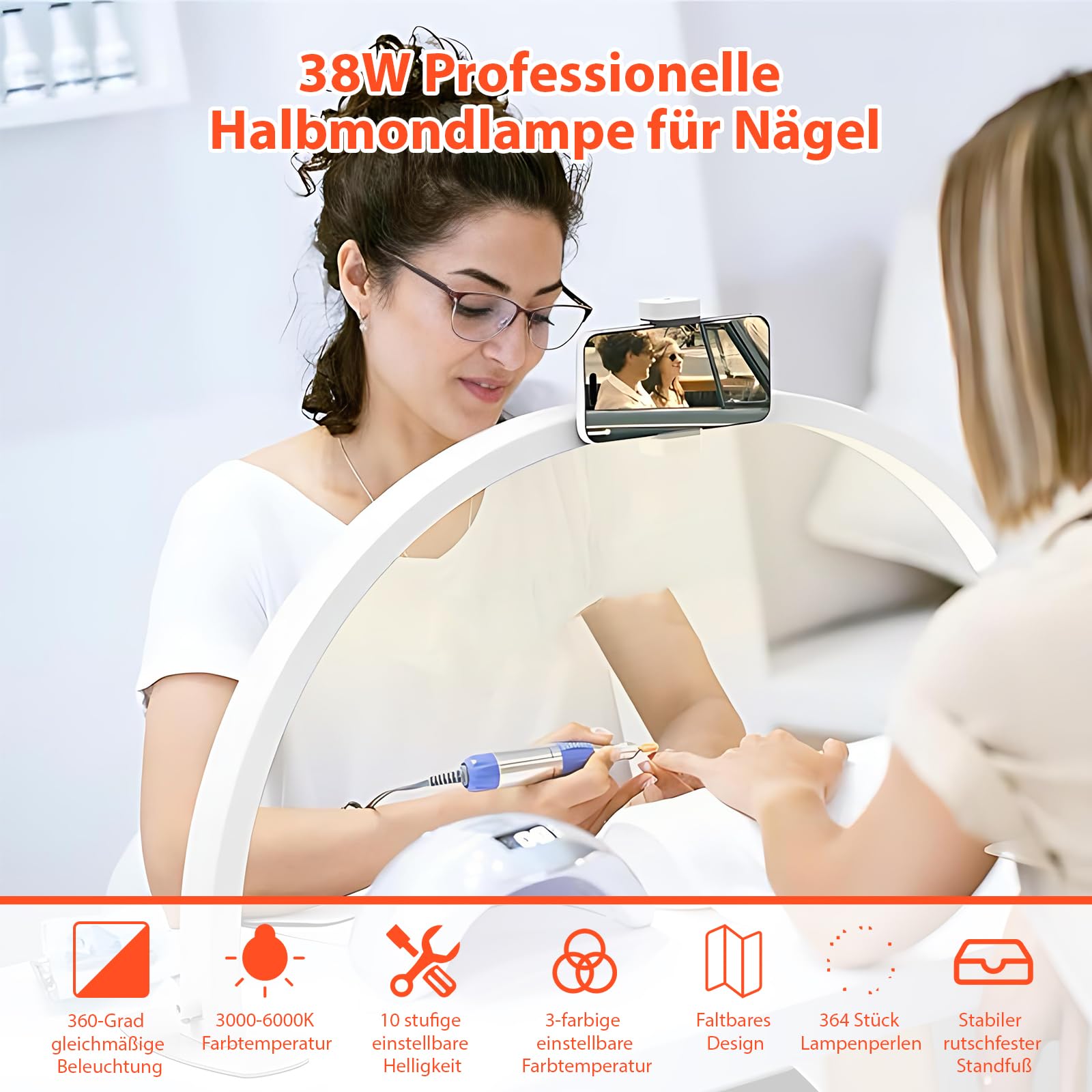 Halbmond Lampe für Nagel Schreibtisch,Faltbare LED Nageltischlampe für Nail Tech mit Telefonhalter,Nageltisch lampe mit 3 Farbmodi 10 Helligkeiten für Schönheit/Wimpern [E](Halbmond -Weiß)