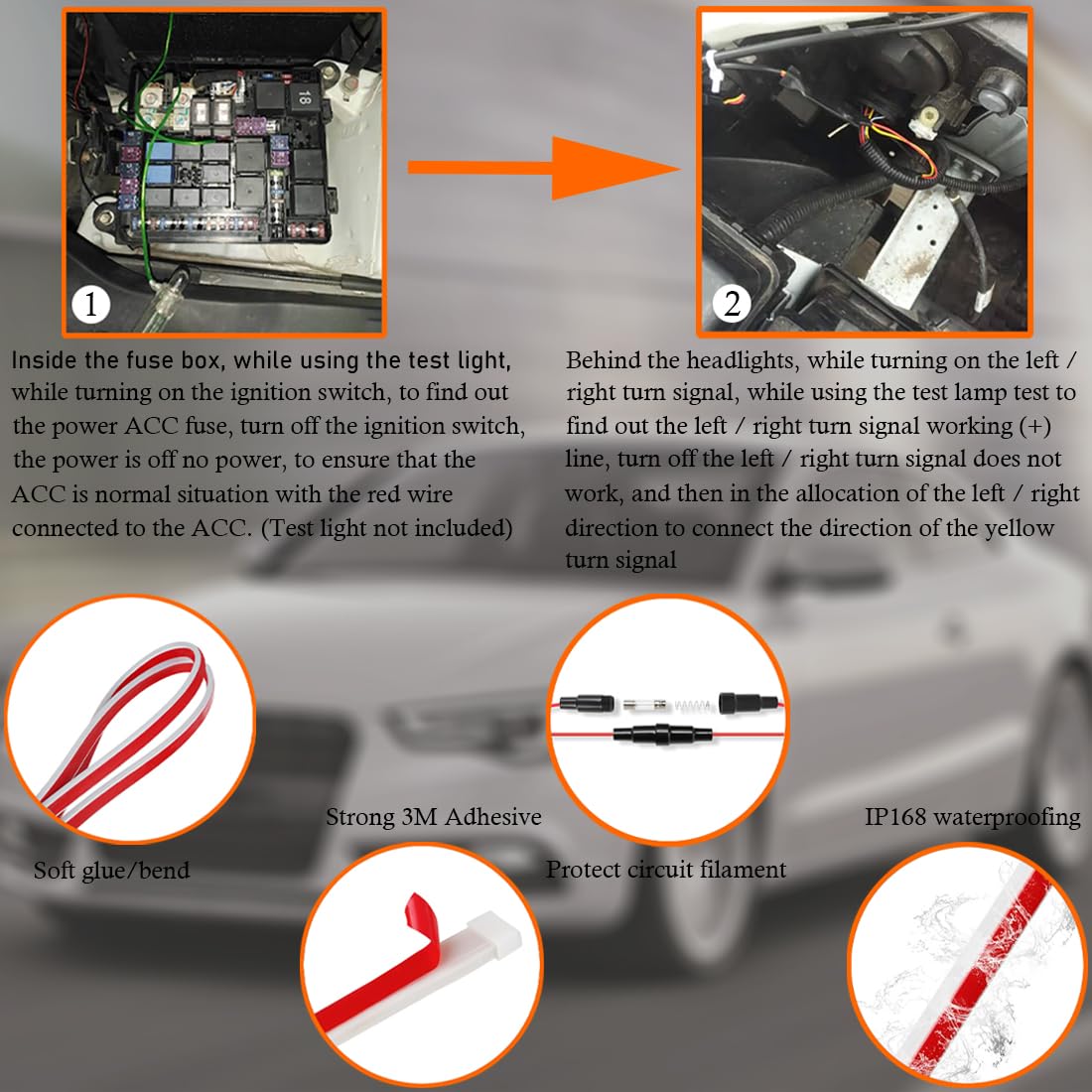 Tira de Luces LED para capó de Coche, luz Diurna Exterior Flexible e Impermeable, luz LED RGB Multicolor para capó, luz Diurna con escaneo dinámico, Apta para vehículos de 12V.