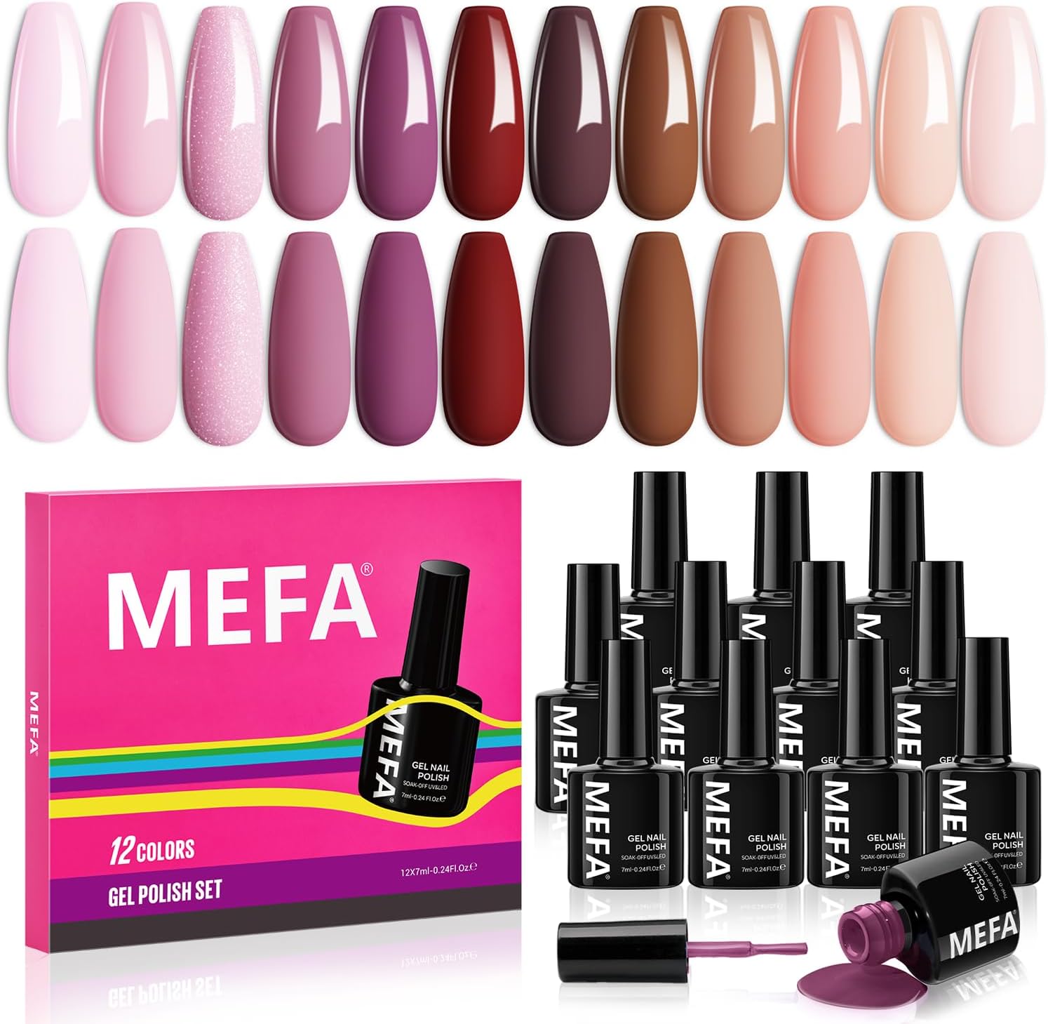 MEFA Gel Nail Polish,12 Colors Pink Purple Nude Red Brown,5ml Gel Polish UV Nail Polish Set,Gel Nail Polish for Starter Nail Art Salon DIY Home
