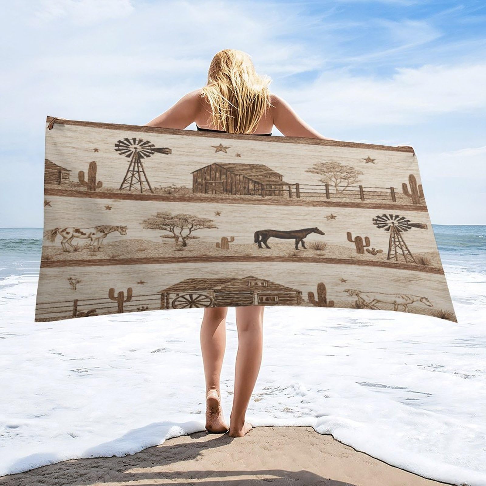 Luyysky Funny Abstract Animal Horse Quick-Drying Beach Towel, Western Watercolor Desert Log Cabin Windmill Cowboy Theme Cactus Travel Vacation Single Sided Pile Bathroom Towels-80 W Cm X 160" L Cm