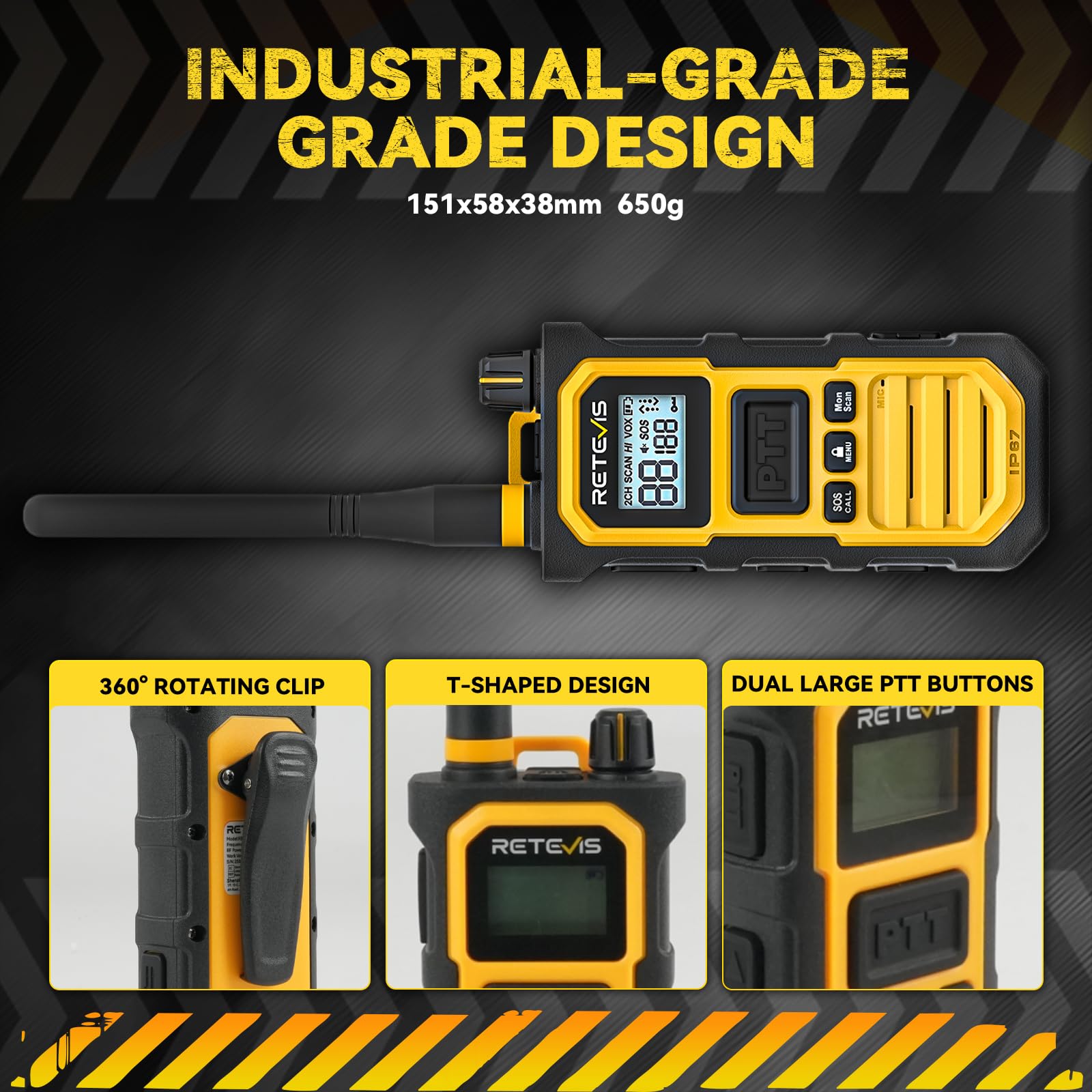 Retevis RB648 Pro Talkie Walkies, Talkie-Walkie Étanche IP67 avec Chargeur 6 Voies, 2800 mAh, Réduction Avancée du Bruit, Radio Bidirectionnelle Longue Portée Robuste pour Chantier (6 Pièces, Jaune)
