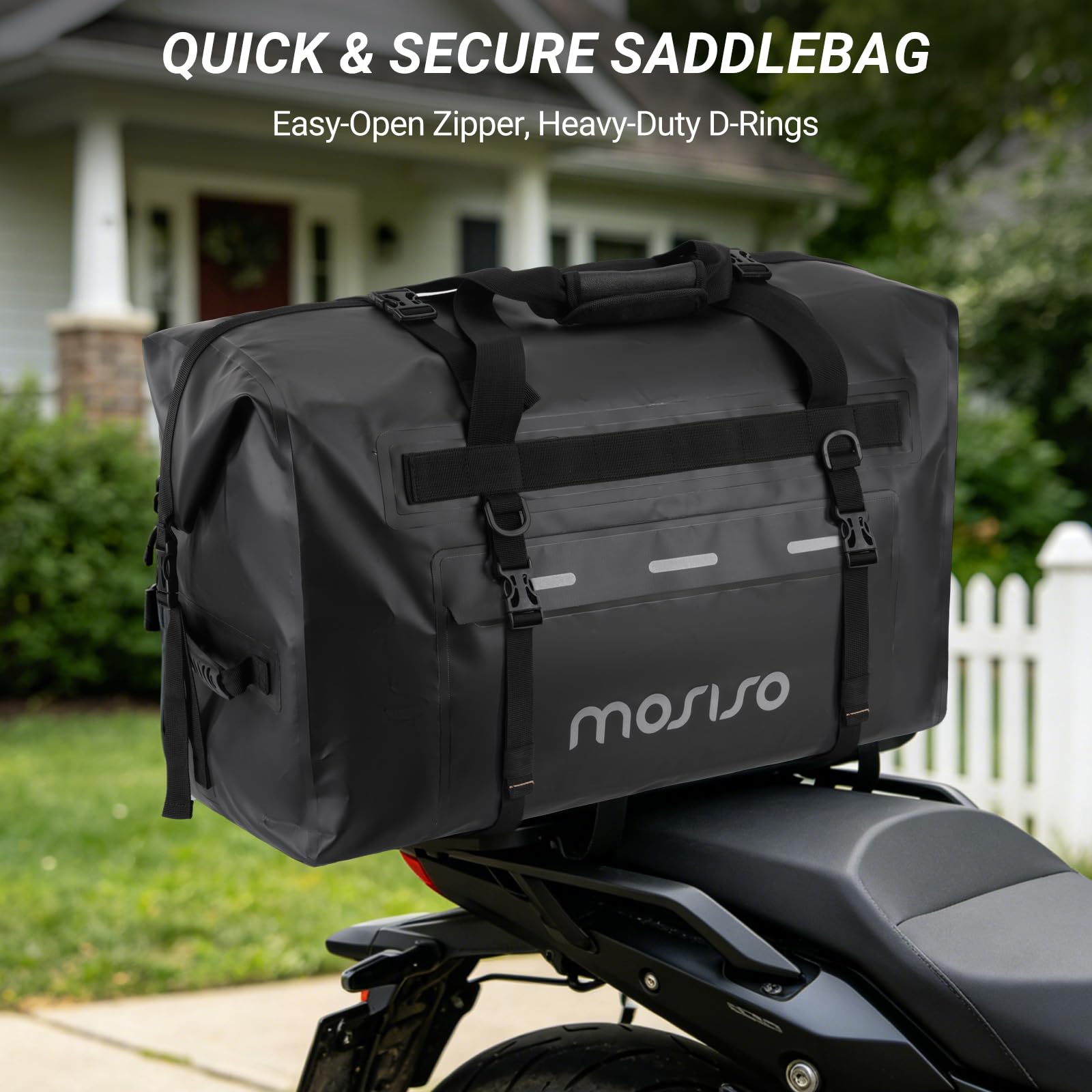 MOSISO Sac Moto Imperméable 60L, Grand Sac Coffre Arrière avec Bandoulières, Poches Zippées, 4 Sangles à Dégagement Rapide pour Moto Voyage Camping, Fermeture Enroulée, Noir