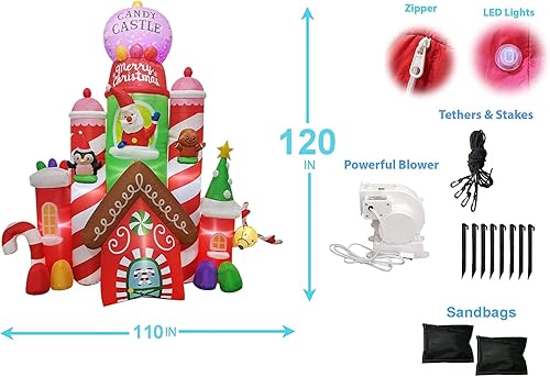 Miniatura 3 de Castillo inflable gigante iluminado de Navidad de 10 pies, casa inflable de Papá Noel, castillo de caramelo, reno, pingüino de jengibre para
