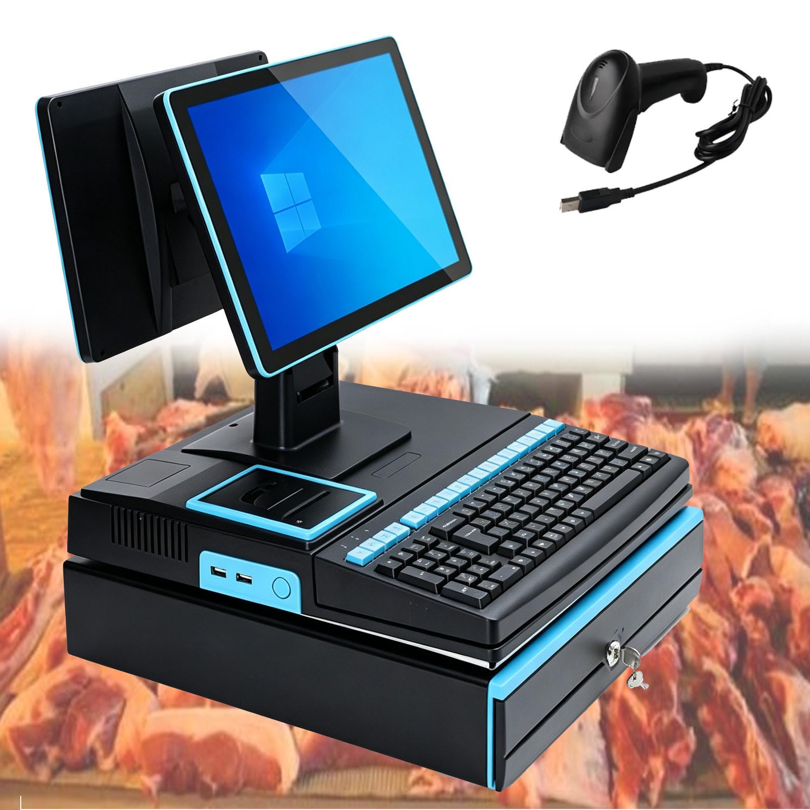 Pvxa Blue Point Of Sale 15.6" Touch Screen Cash Register, All-In-One Smart Pos Professional Cash Register, With Cpu I3, 4 Gb Ram, 64 Gb Ssd, For Retail And Restaurant Dualscreen
