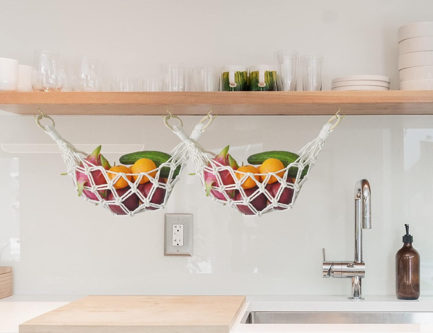 2 Sets of Macrame Hanging Fruit Hammock, Hanging Fruit Basket Under the Kitchen Cabinet with Hooks (All Handwoven) for Banana, Produce, Vegetables or Fruit Storage (Ivory) 6 71+t9dN96sL. AC SL1500