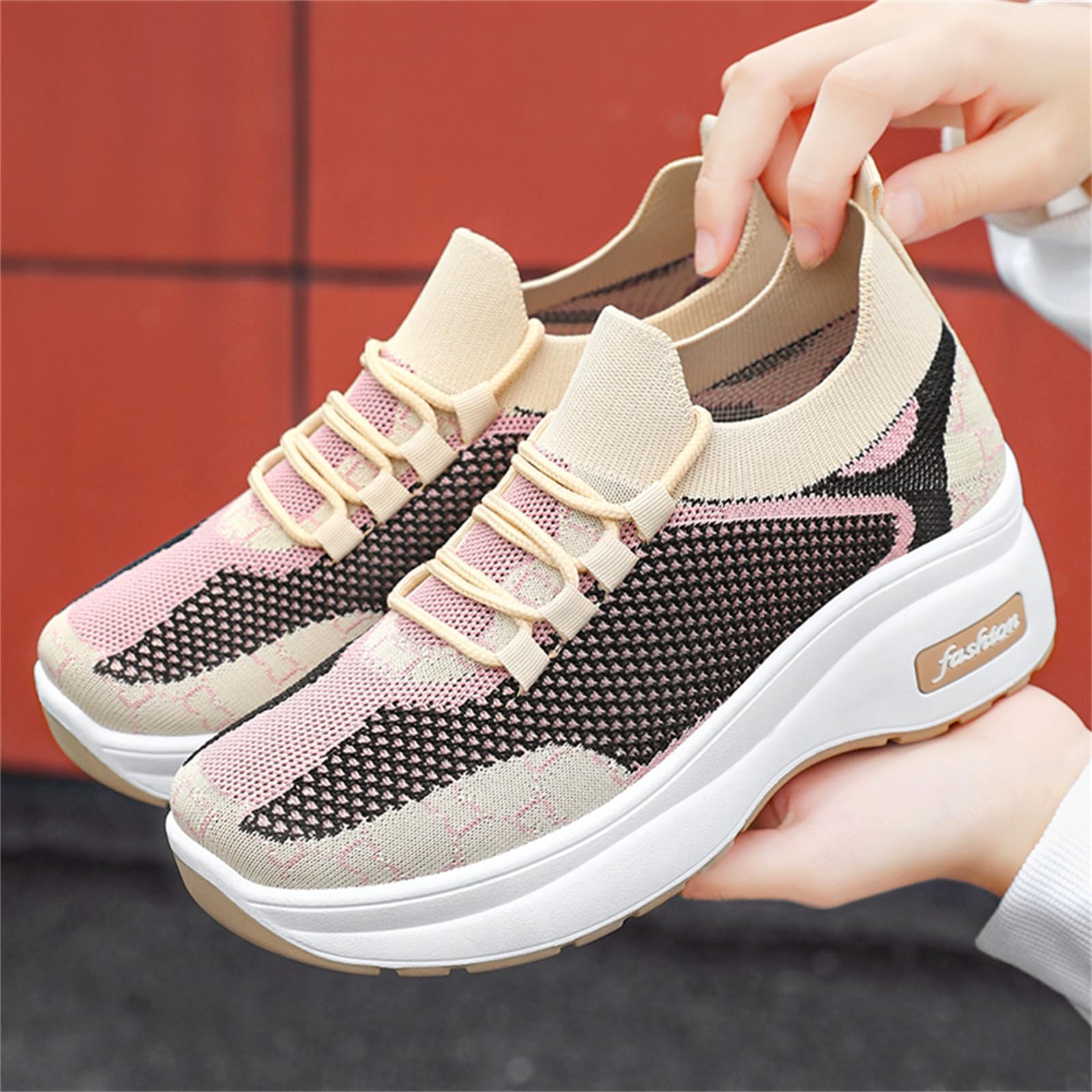 JiuQing Damskie trampki na platformie Casualowe buty do chodzenia Wsuwane lekkie siateczkowe buty na grubym obcasie