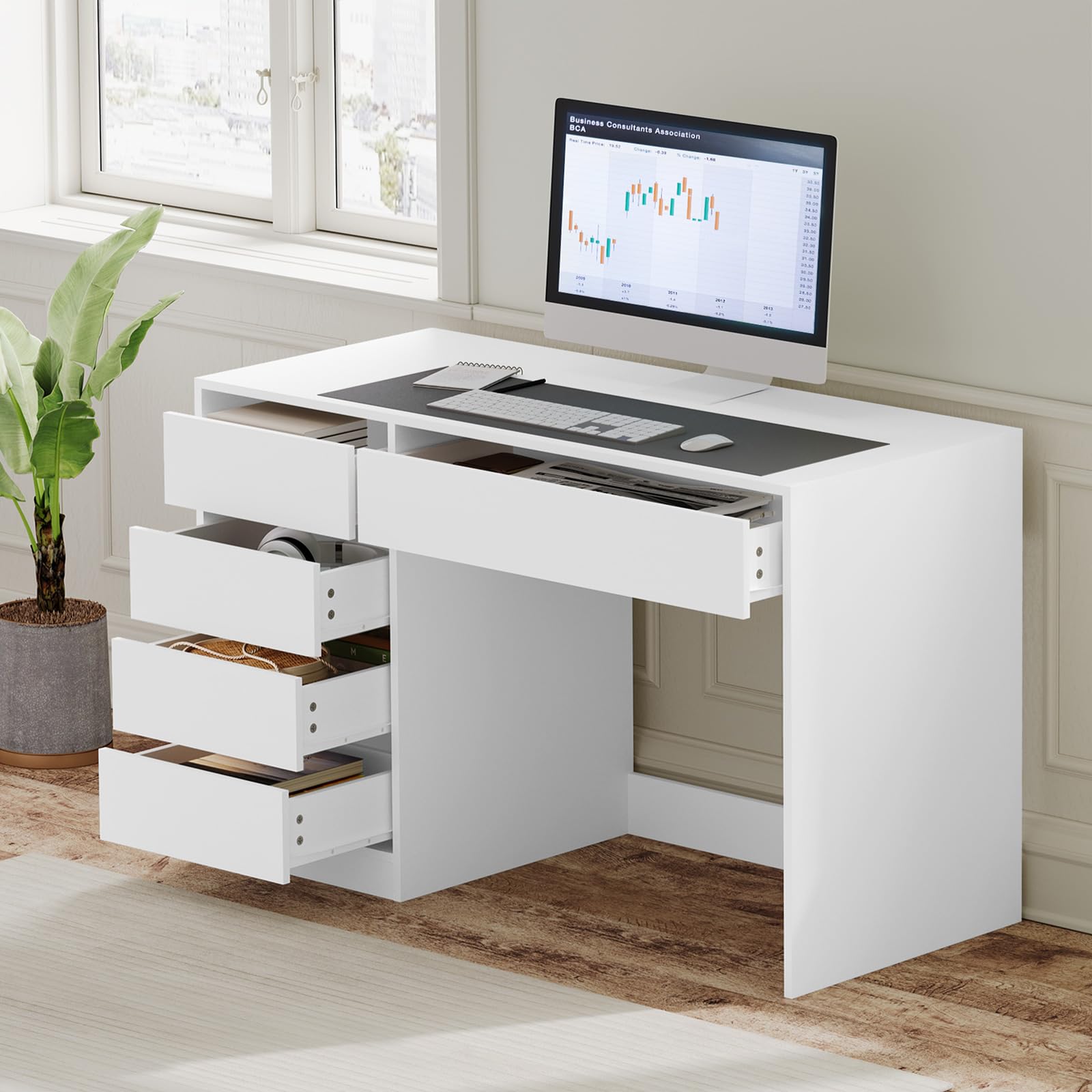 eSituro Bureau d'Ordinateur avec 5 Tiroirs, en MDF de Haute Qualité, Table Informatique avec Rangement, pour Chambre, Studio et Bureau, 120x55x75 cm, Design Nordique, Blanc