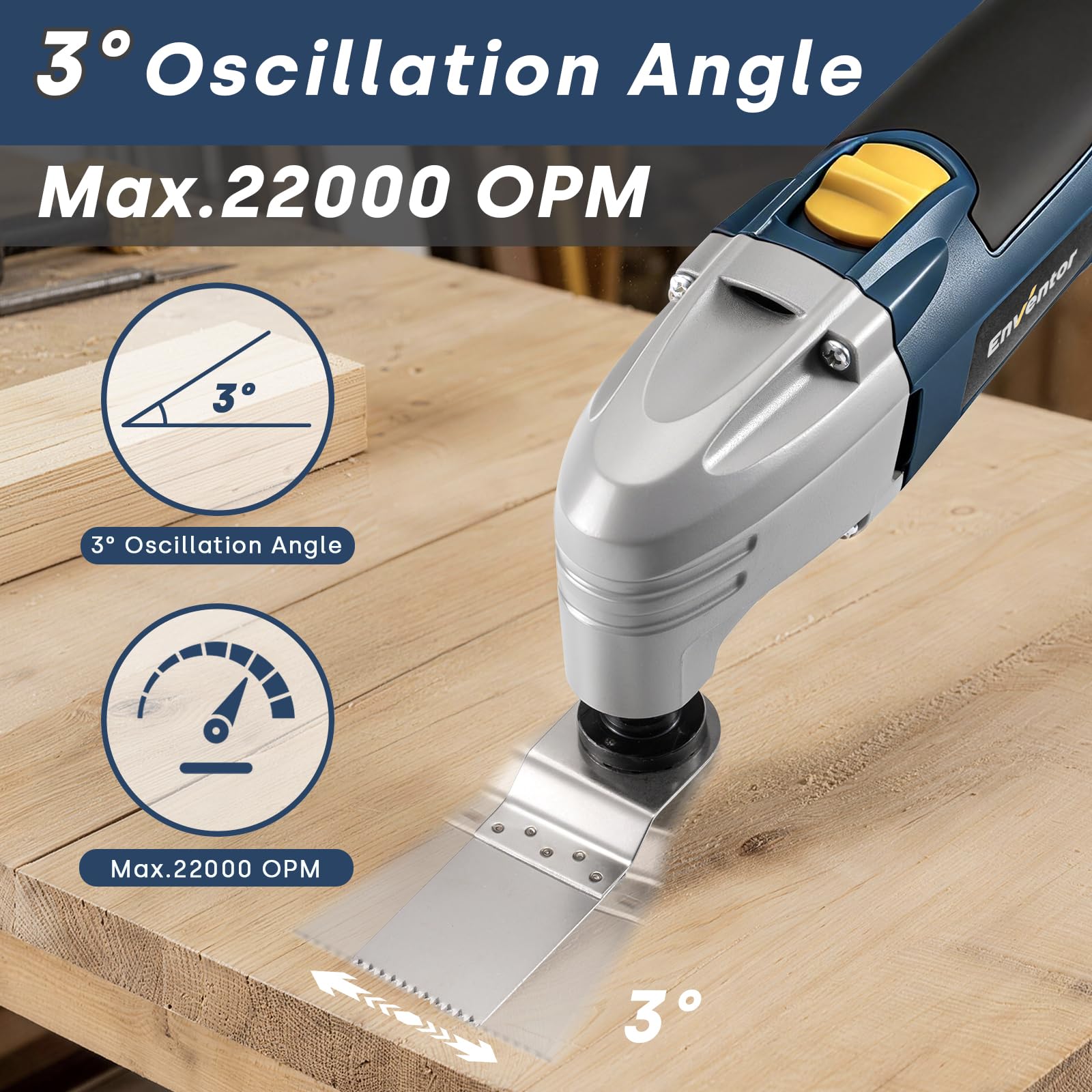 Enventor Outil Multifonction Filaire 200W, 22000 OPM, Angle d'oscillation de 3°, Scie Vibrante avec 1 Grattoir, 1 Lame de Scie et 16 Papier de Verre pour Découpe, Sculpture et Polissage