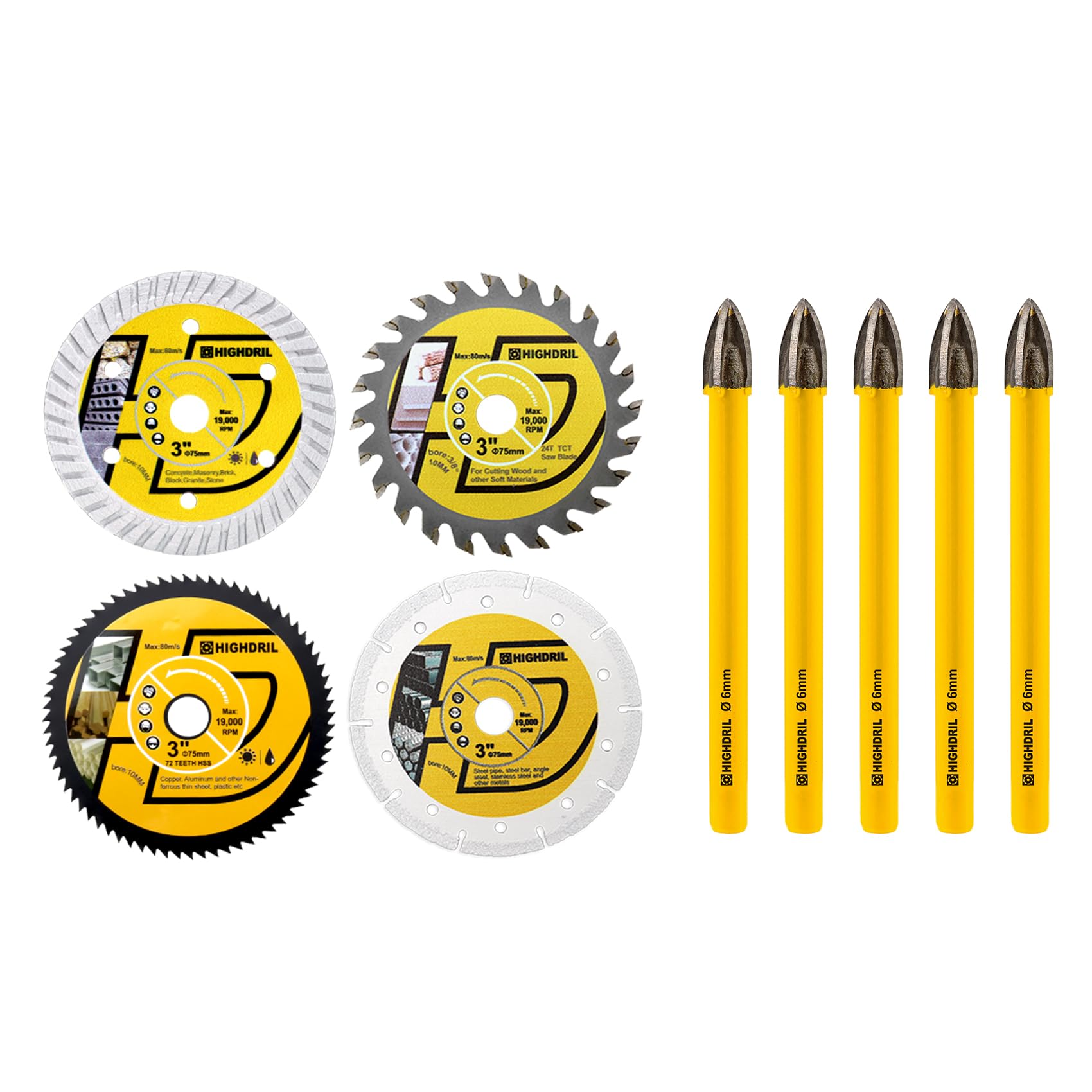 HIGHDRIL 3" 75mm Circular Saw Blade Set 4pcs - Diamond/HSS/TCT Cutting Disc for Angle Grinder Cutting Soft Metal Copper Aluminum Granite Tile Plastic Wood