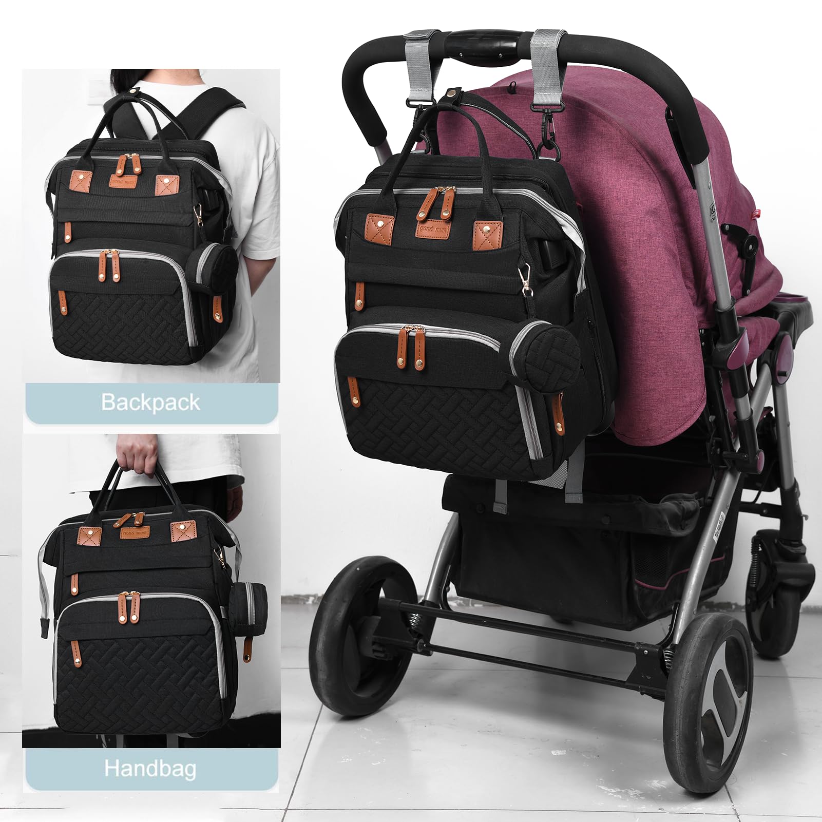 LEcylankEr Zaino Fasciatoio Con Letto Pieghevole – Capacità 35L, 16 Scomparti, Portabiberon Isolante, Porta USB, Tasca Bagnato, Impermeabile, Grigio, Per Viaggi E Neonati
