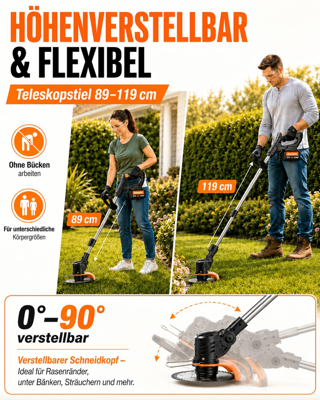 21V Akku Rasentrimmer, 2 x4,0Ah Akku und Ladegerät, 2 in 1 Elektrischer Freischneider/Rasentrimmer mit Akku, Leichter Rasenkantenschneider mit, 5 Messerarten für Rasen, Garten