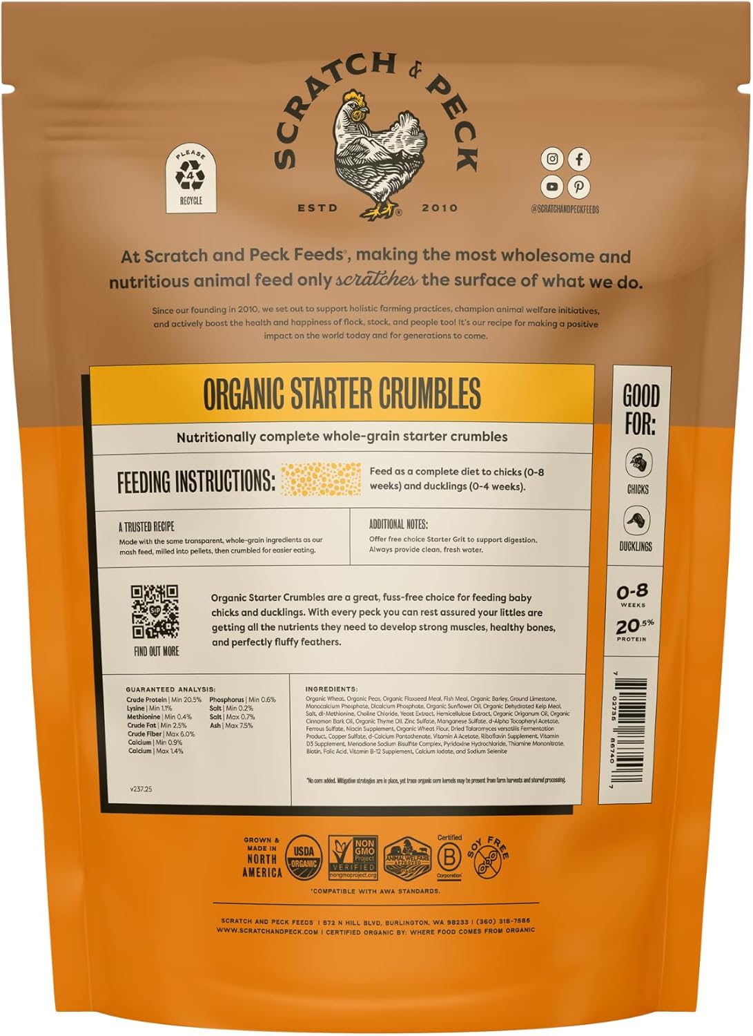 Scratch and Peck Feeds Whole Grain Starter Crumbles Chicken and Duck Feed - 10 lbs Bag - Corn-Free and Soy-Free - 20.5% Protein, Certified Organic and Non-GMO Project Verified Chicken Food