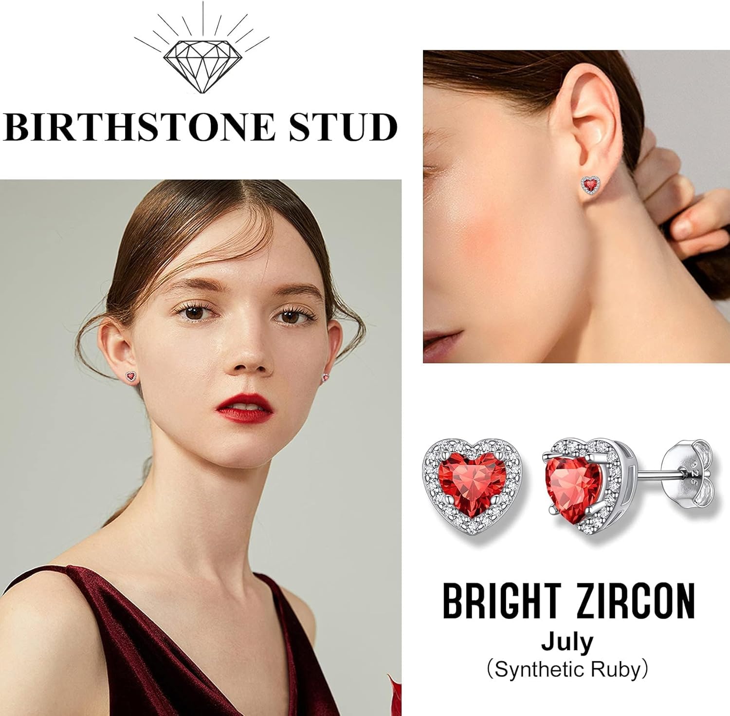 Bestyle Sparkling 925 Sterling Silver Birthstone Stud Earrings for Women, Heart/Round/Teardrop/Square Solitaire Diamond Studs Earrings, Great Birthday/Christmas Gifts - Image 3