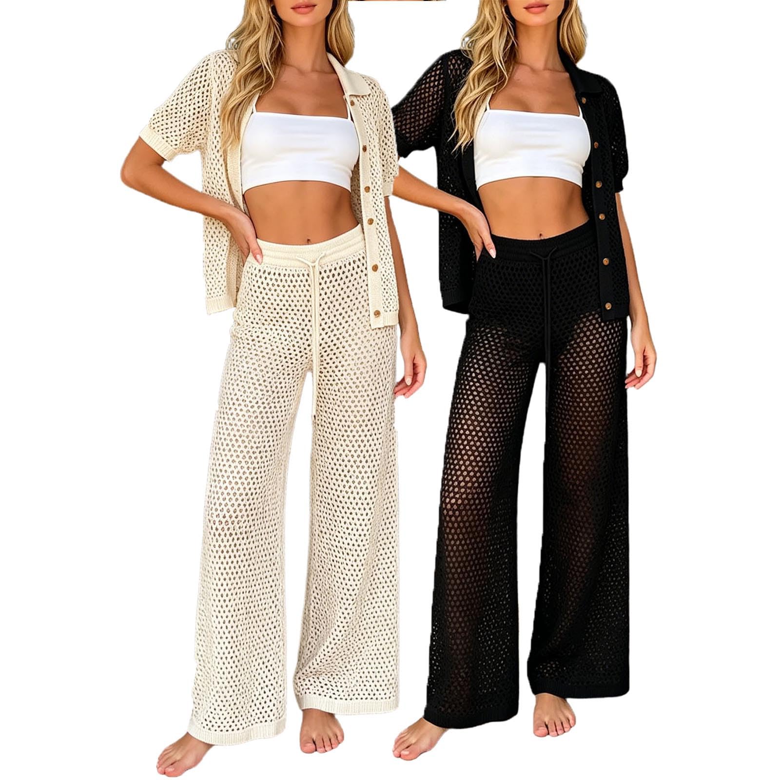 Vestito estivo da donna, tunica da spiaggia, 2 pezzi, all'uncinetto, costume da bagno traforato, top con bottoni, leggero, traspirante, pantaloni larghi urbano, elegante da spiaggia