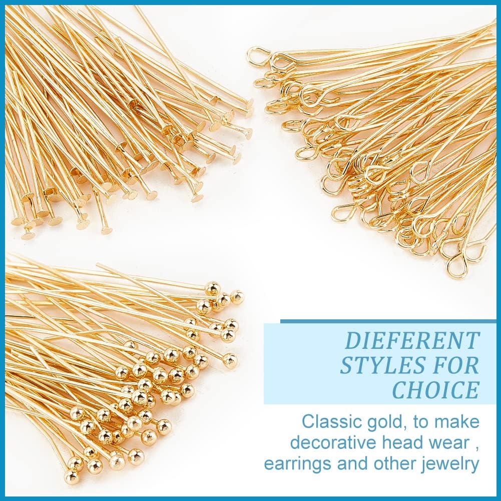 BENECREAT 180Pcs 9 Style Real 14K Gold Plated Pins, 24 Gauge Eye Pin Ball Head Pins 23 Gauge Flat Head Pins Brass Pins for Earring Bracelet DIY Jewelry Making, 20Pcs/Style