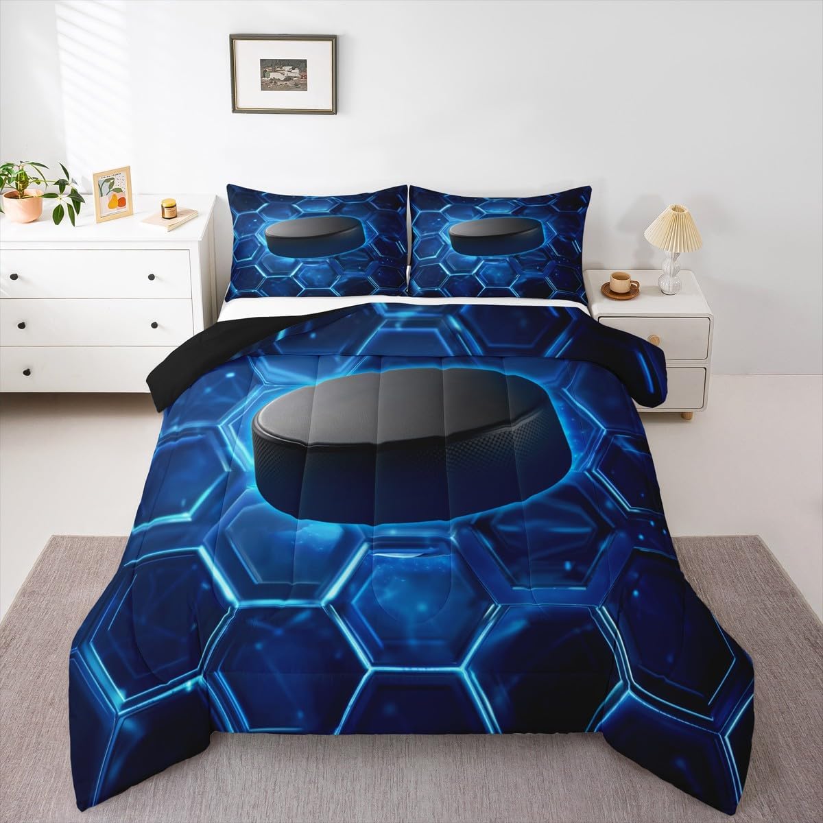 jejeloiu Ice Hockey Comforter Set Twin Size Ice Sports Games Bedding Set for Kids Boys Girls Honeycomb Duvet Quilt Bedroom Decor Microfiber 2 Pcs with 1 Pillow Cases