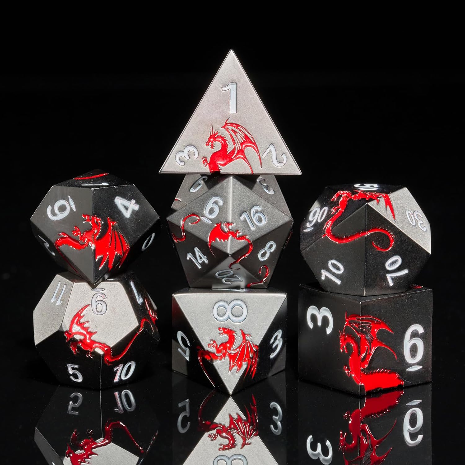 Black Red Dragon Metal Dice Set,7 PCS Heavy Zinc Alloy DND Dice with Magnetic Gift Box for Tabletop RPG Role Playing Games (Black Red Dragon)