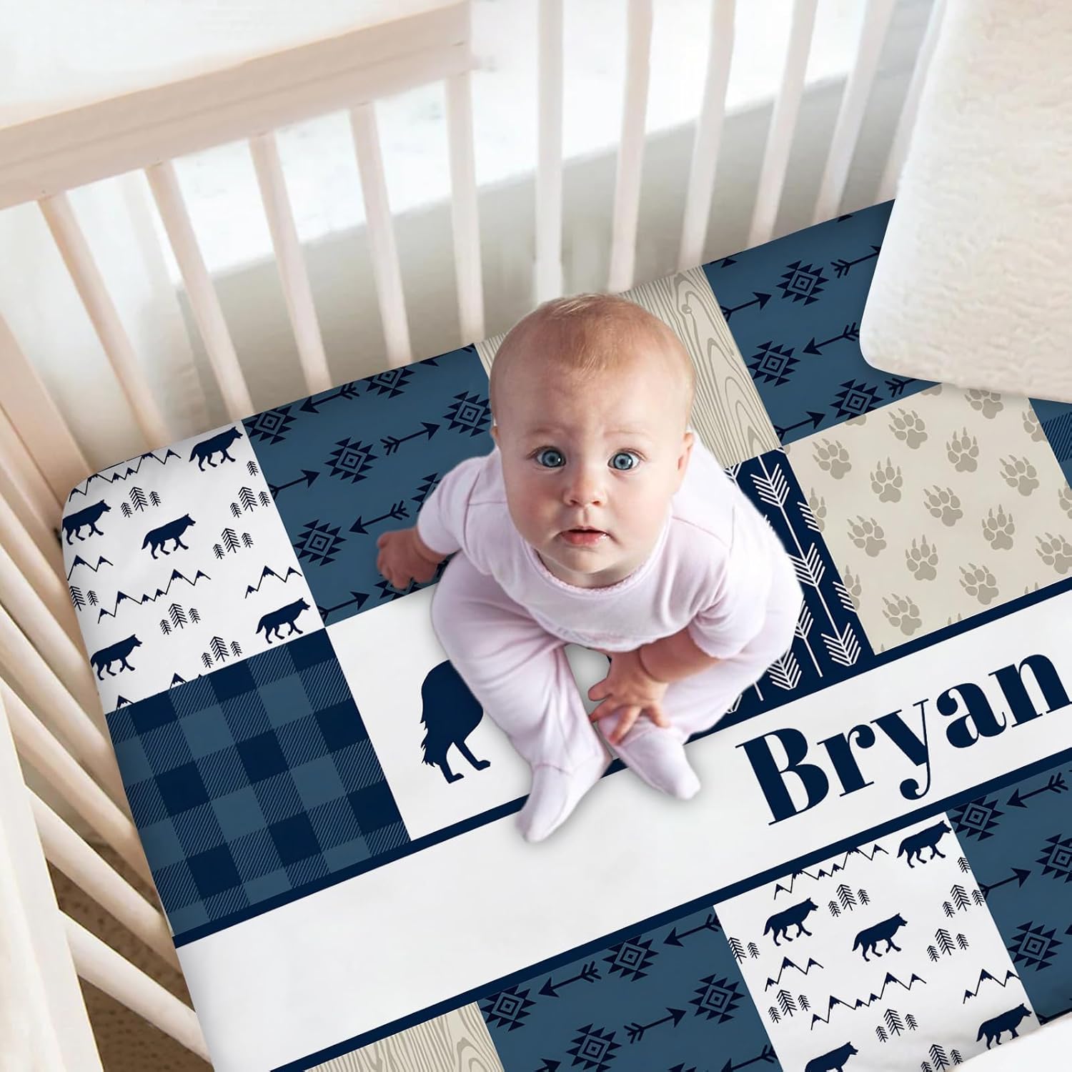 Personalized Baby Boy Crib Bedding Set, Custom Name Comforter, Wolf Blue Nursery Bedding, 2 Piece Set with Fitted Sheets