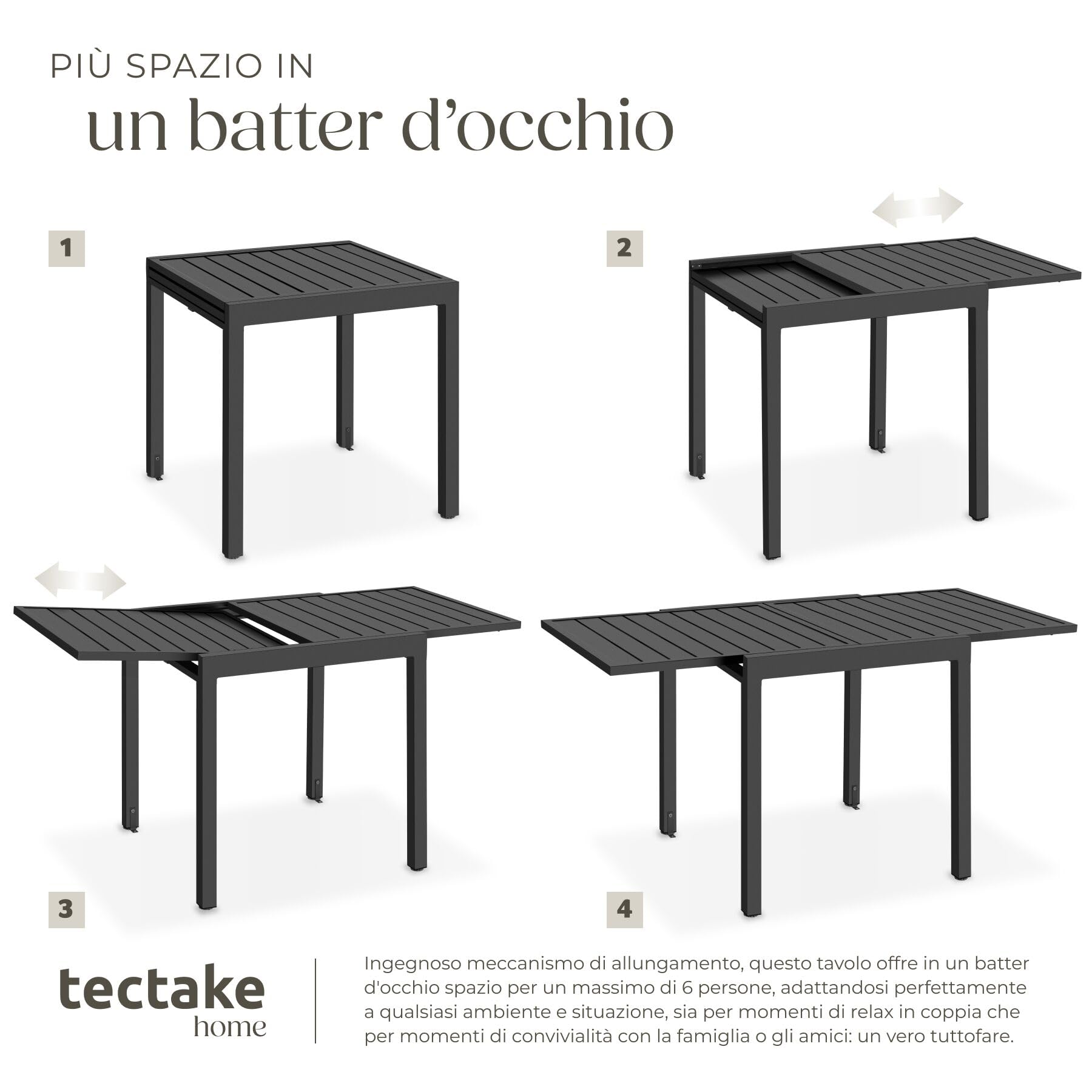 tectake® Tavolo da Esterno Allungabile in Alluminio, 70/140 x 70 x 75 cm, Regolabile in Altezza, Piano a Doghe, Piedini Antiscivolo, Resistente Intemperie, Tavolo da Pranzo 4-6 Persone - Grigio Scuro