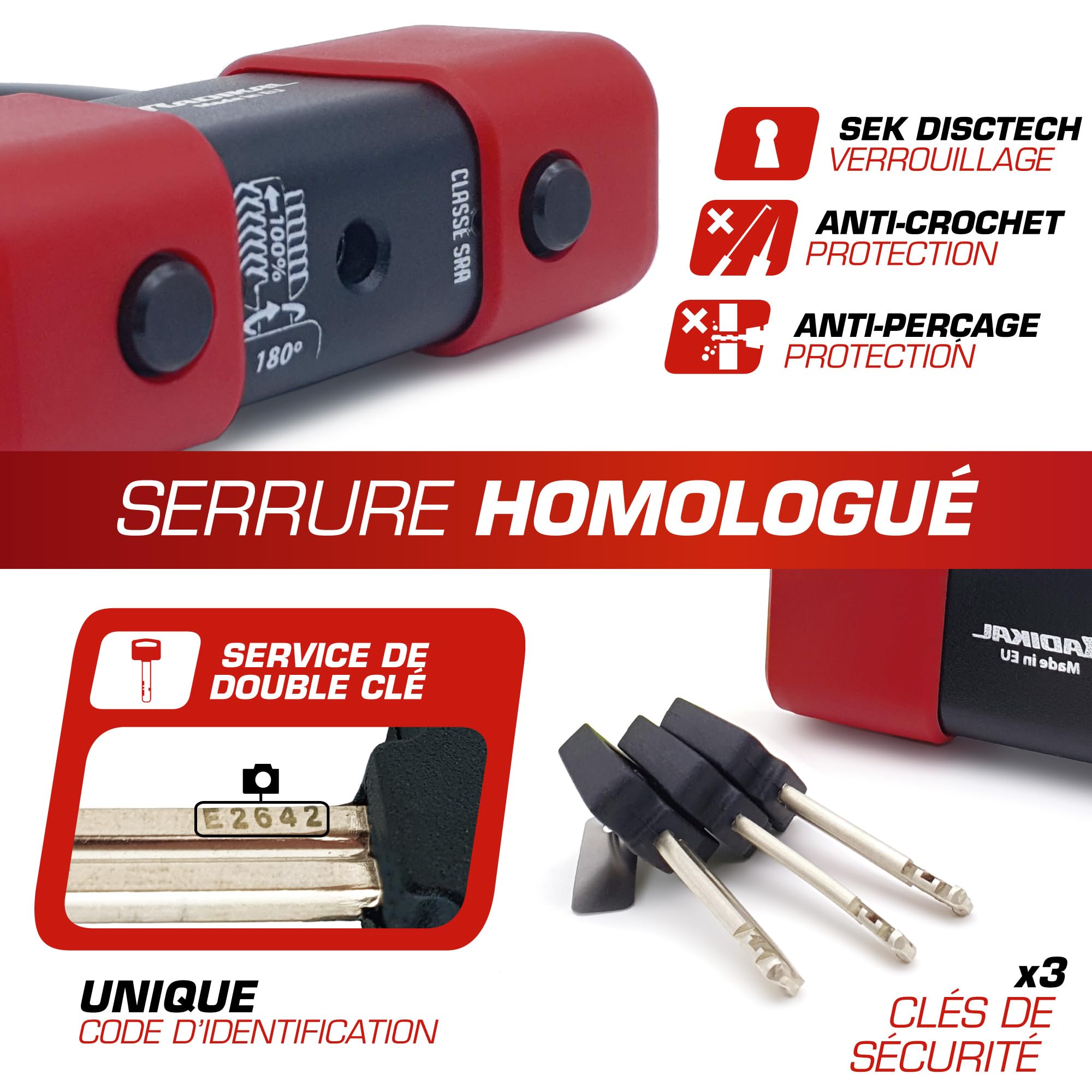 RADIKAL RK75150 Chaine Antivol Lourd Premium ø15mm + Mini U, Haute Sécurité Homologué SRA, 150cm Entièrement Testée +Visible, Antivol Multifonction pour Disque Frein, Ancrage, Parking, Scooter, Velo