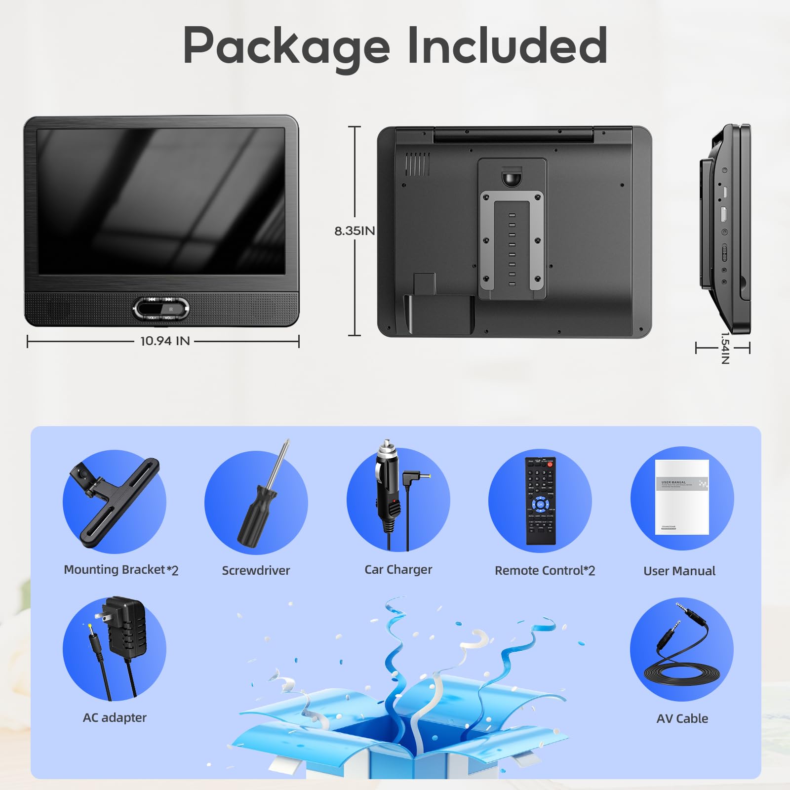 Arafuna Lecteur DVD Portable Voiture Double Écran 12 Pouces, Écran HD IPS 178°, HDMI pour Console de Jeux, Miroir Sans Fil, Lecture Simultanée sur Deux Écrans, AV Out, USB/Carte TF, Mémoire de Reprise