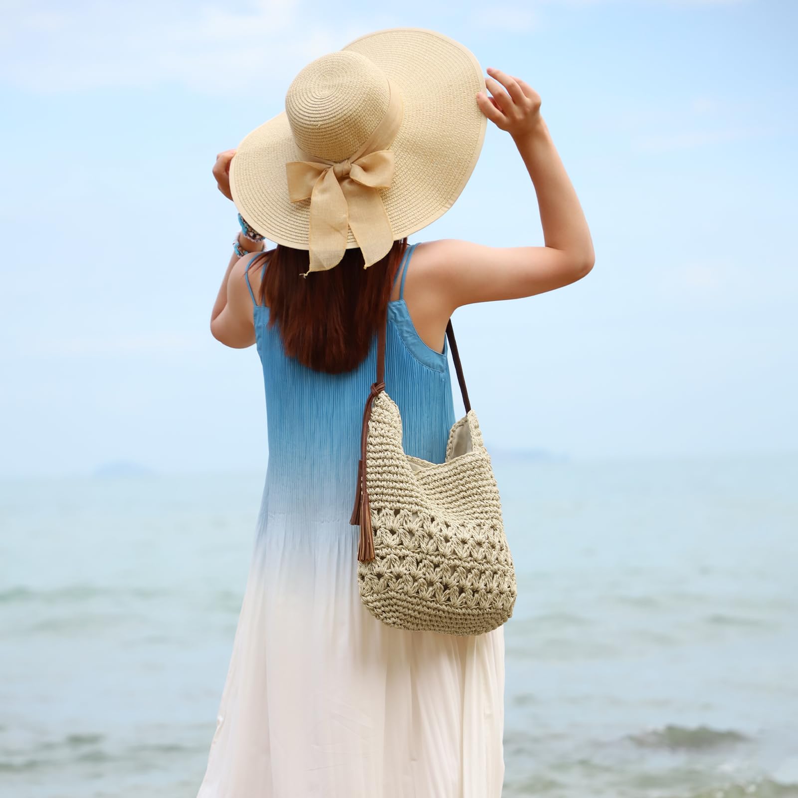 Femme Tissé en Paille Sac à Bandoulière Plage d'été Sac Fourre-tout Fait Main Au Crochet Sac Hobo Pour les Vacances