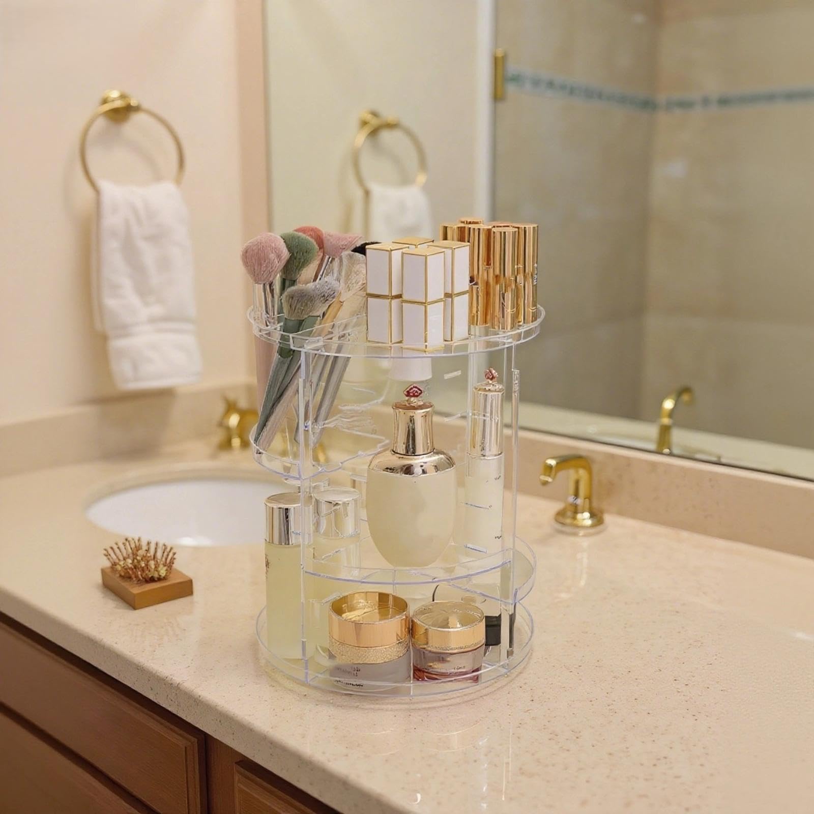 Generico Espositore per cosmetici con porta pennelli, porta profumi, portaoggetti girevole per il piano del bagno