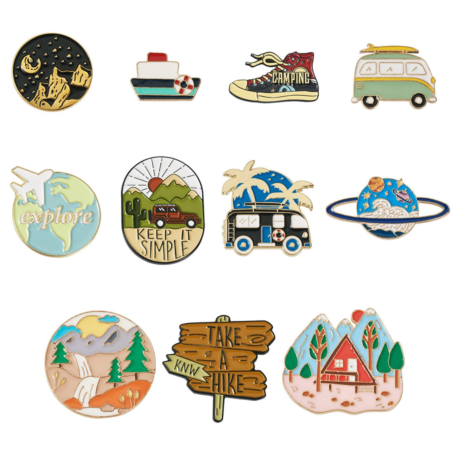 11Pcs Camping Enamel Pins for Backpacks Adventure Outdoors Lapel Brooch Pins Boat Landscape Mountain Moon Airplane Bus Car Shape Travel Theme Brooch Badges for Bags Hats Jacket Clothes Decor